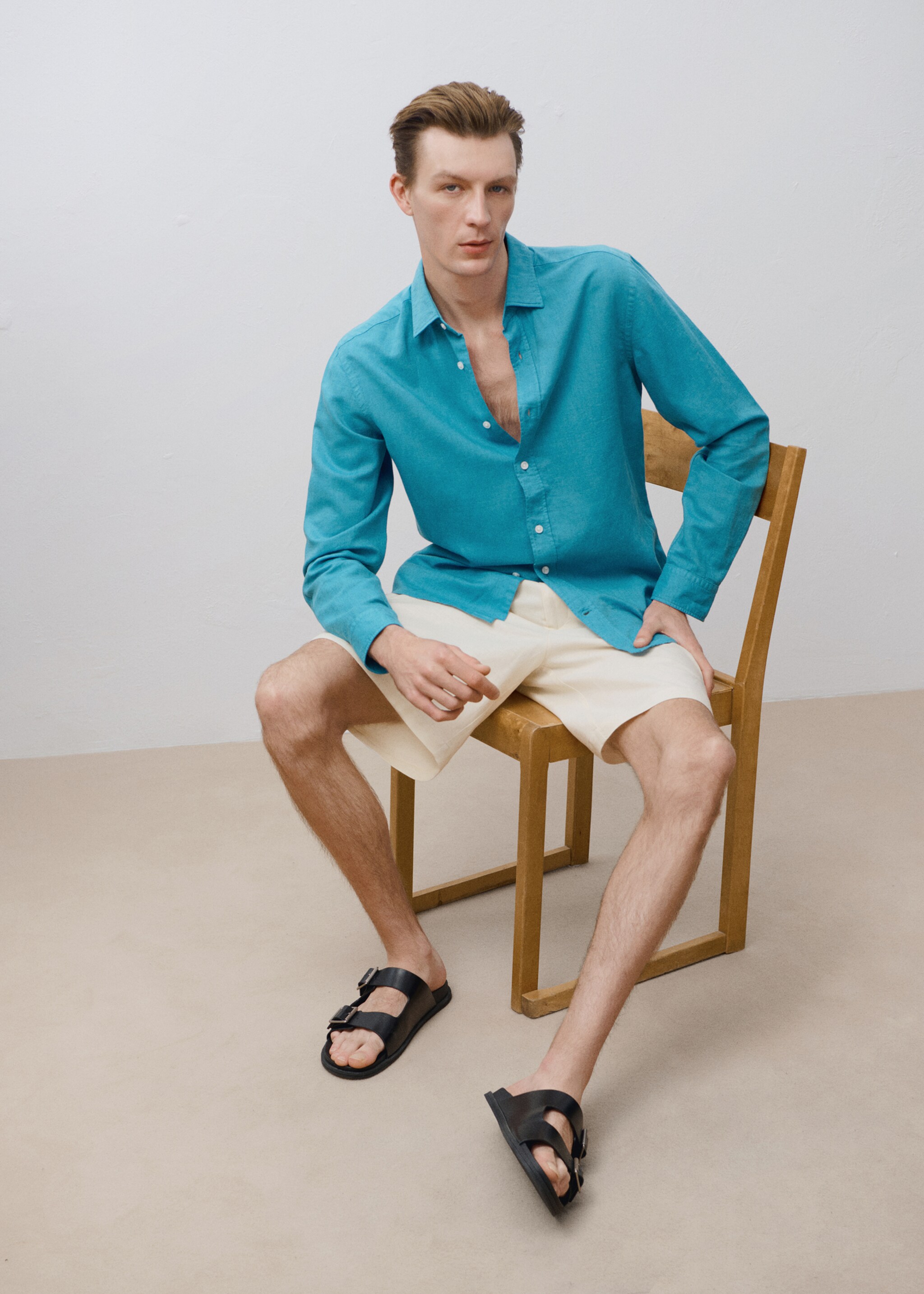 Linen-blend shirt - Details of the article 3, Turquoise. Ref: 87037891-00.