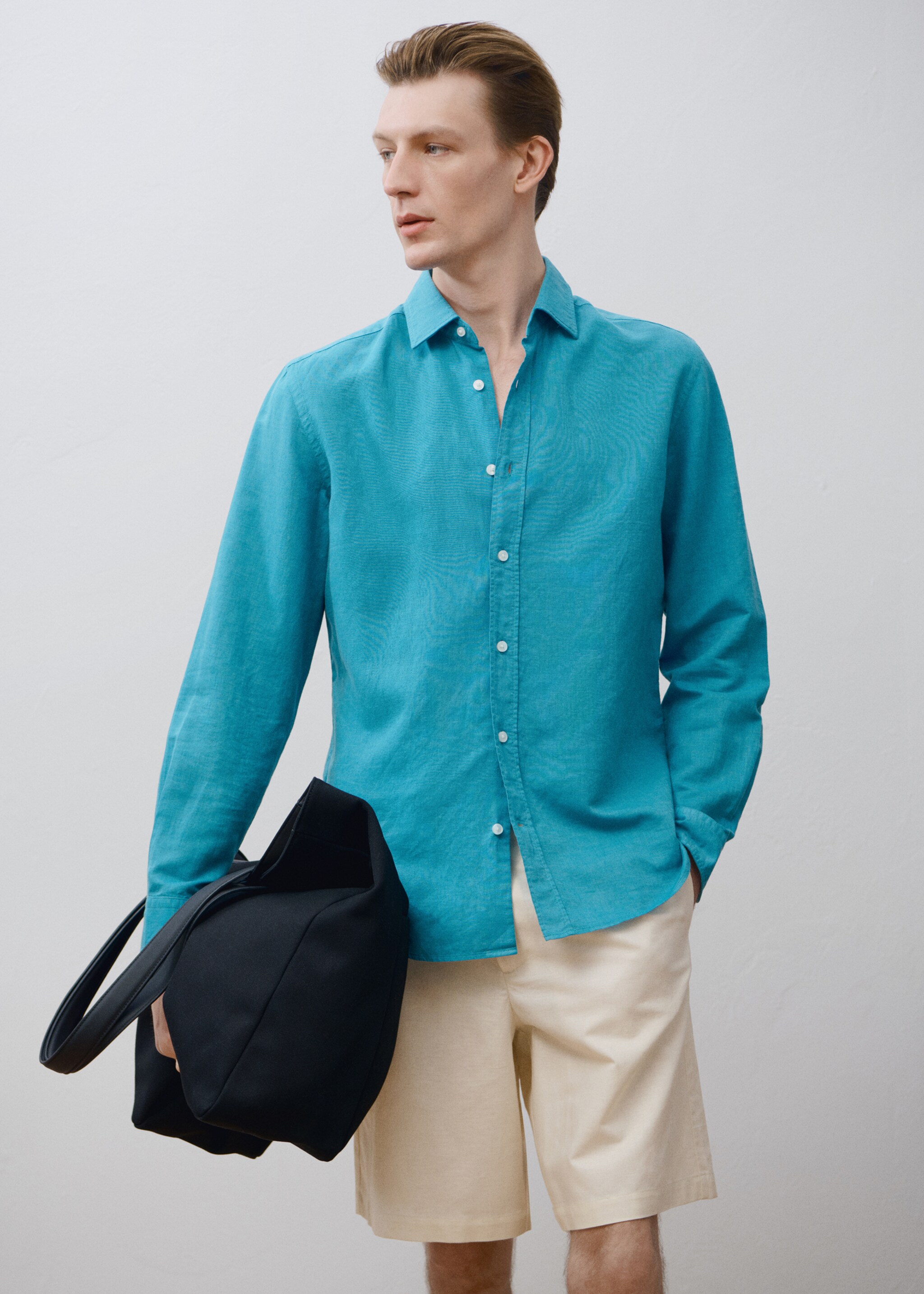 Linen-blend shirt - Details of the article 9, Turquoise. Ref: 87037891-00.