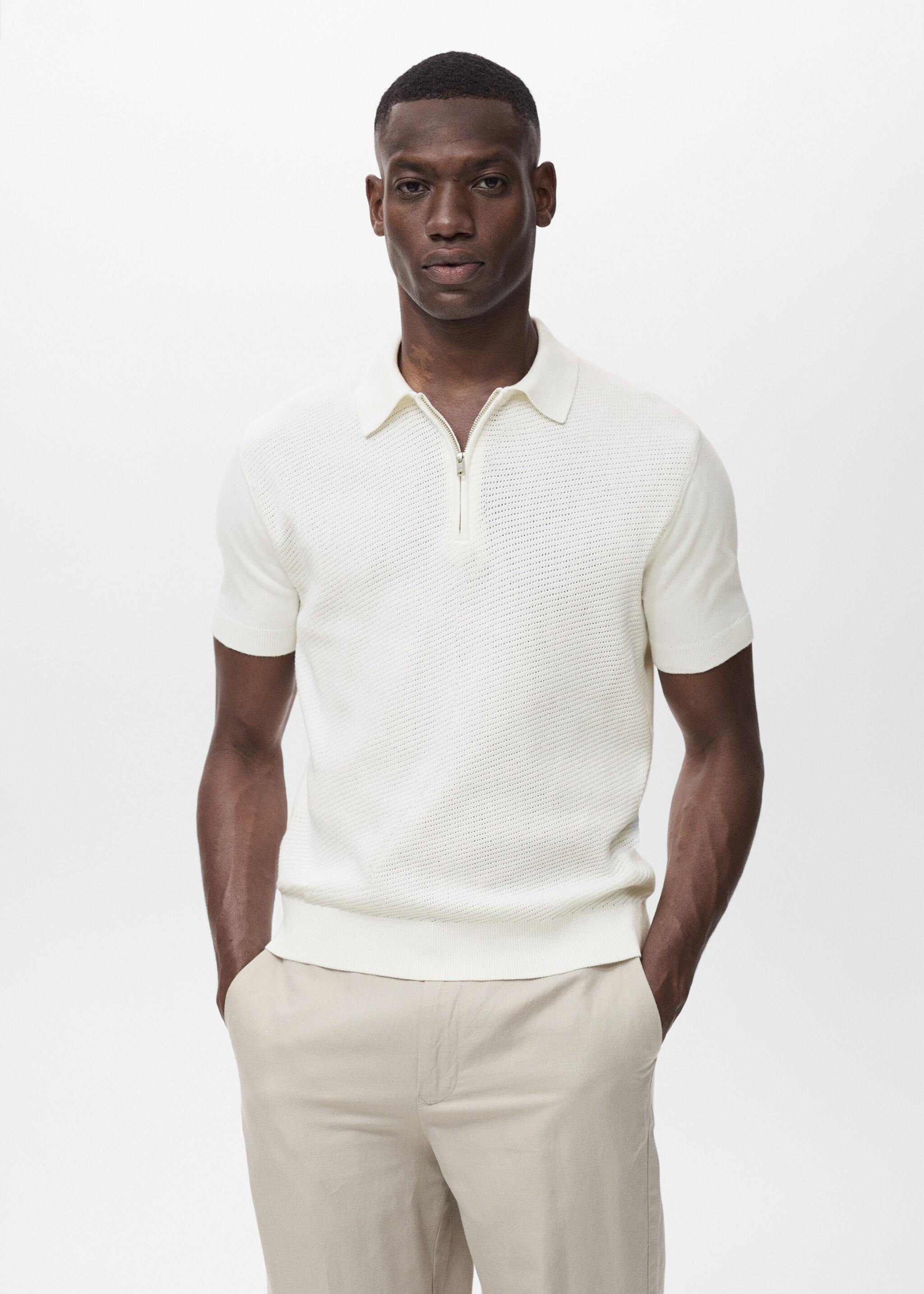 Openwork knitted polo shirt with zip - Medium plane, Ecru. Ref: 87037899-00.
