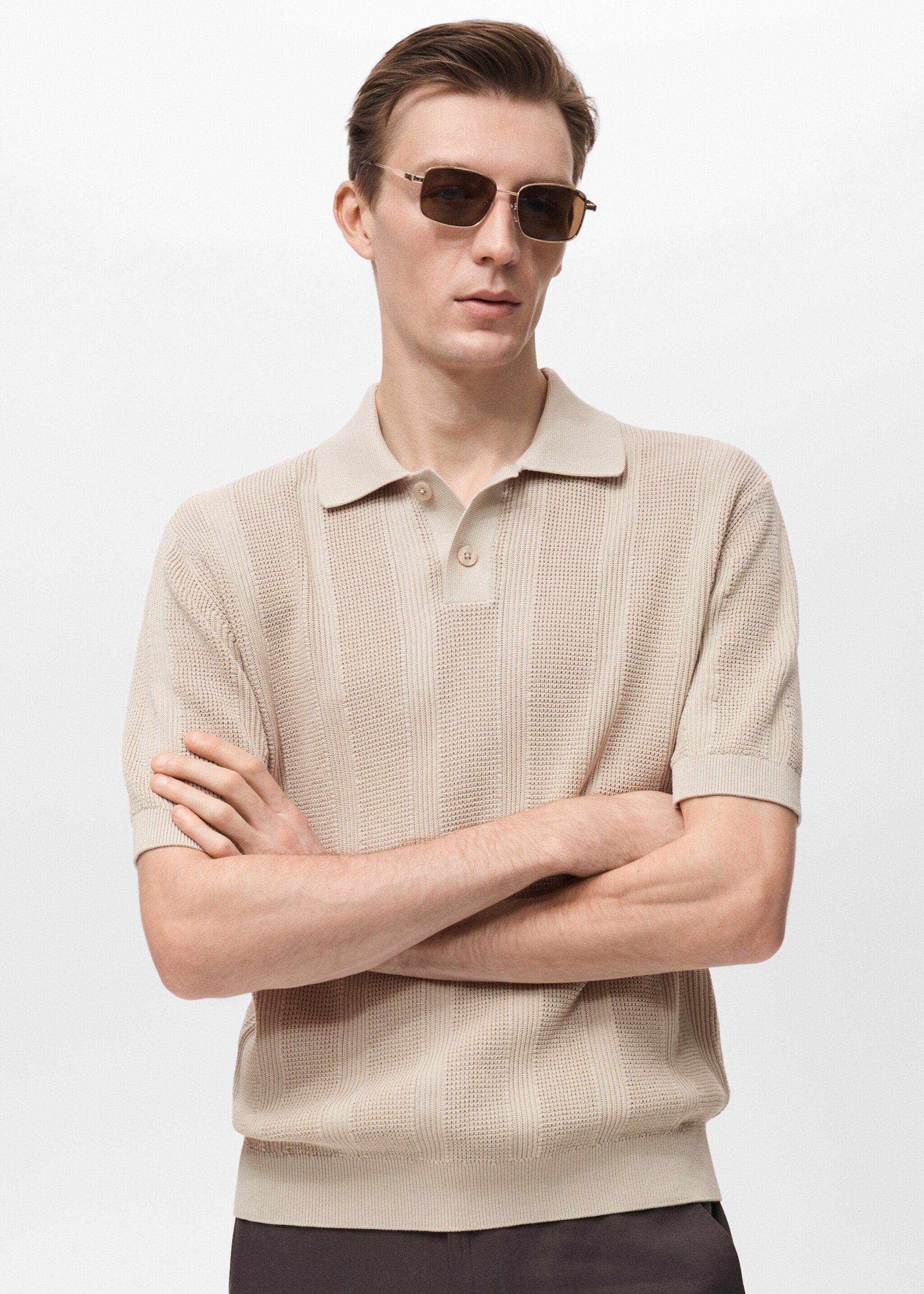 Striped openwork knitte polo shirt - Medium plane, Sand. Ref: 87037900-00.