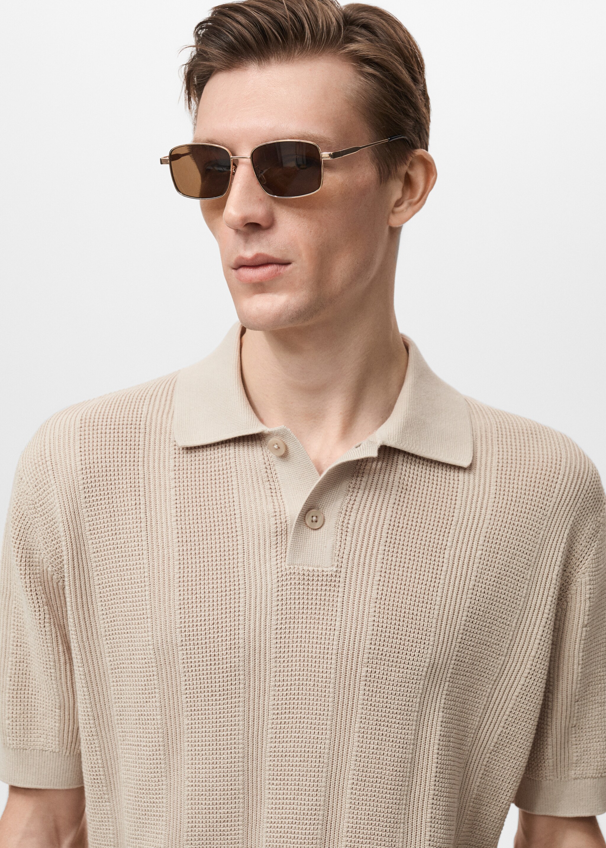 Striped openwork knitte polo shirt - Details of the article 1, Sand. Ref: 87037900-00.
