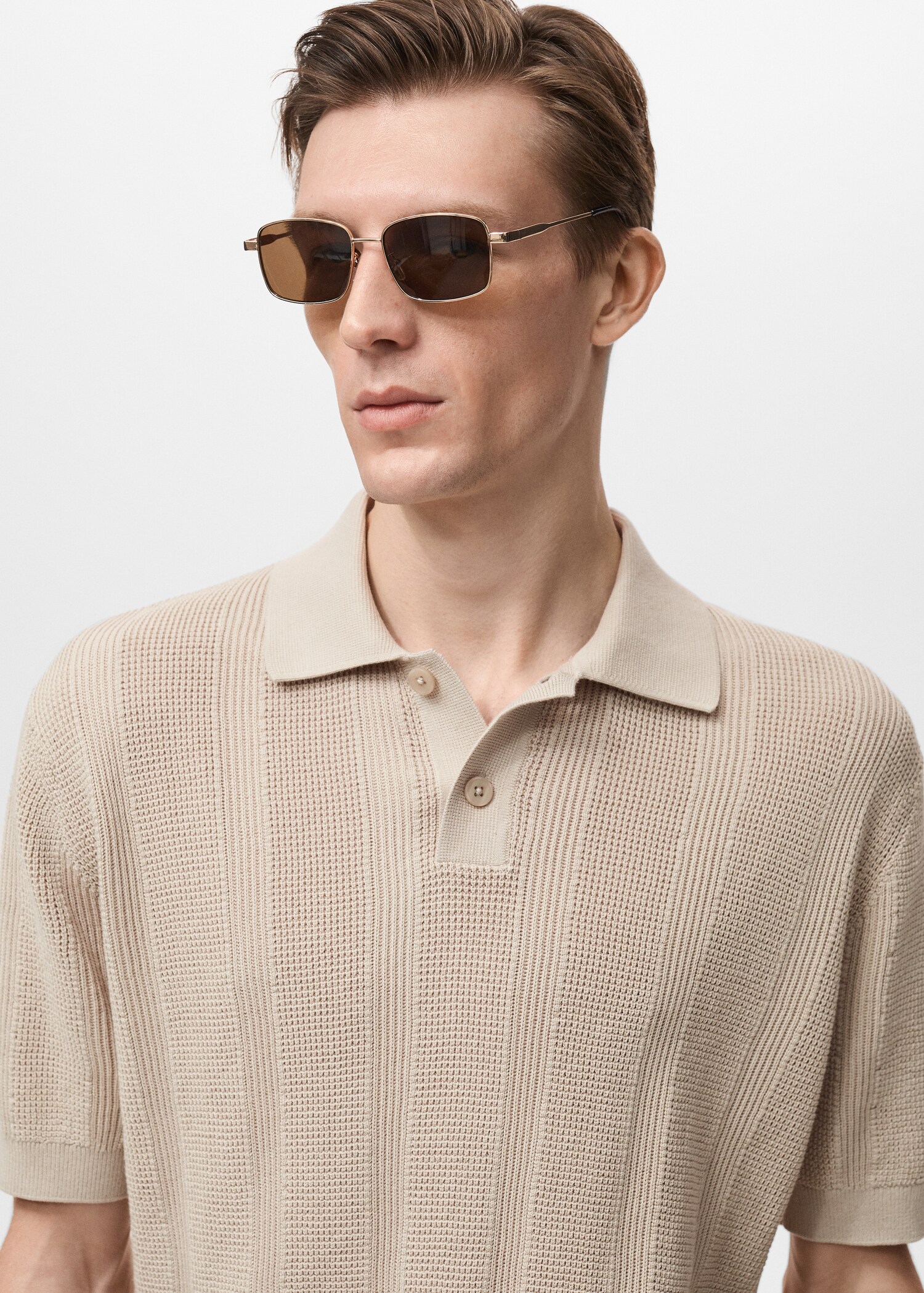 Striped openwork knitte polo shirt - Details of the article 1