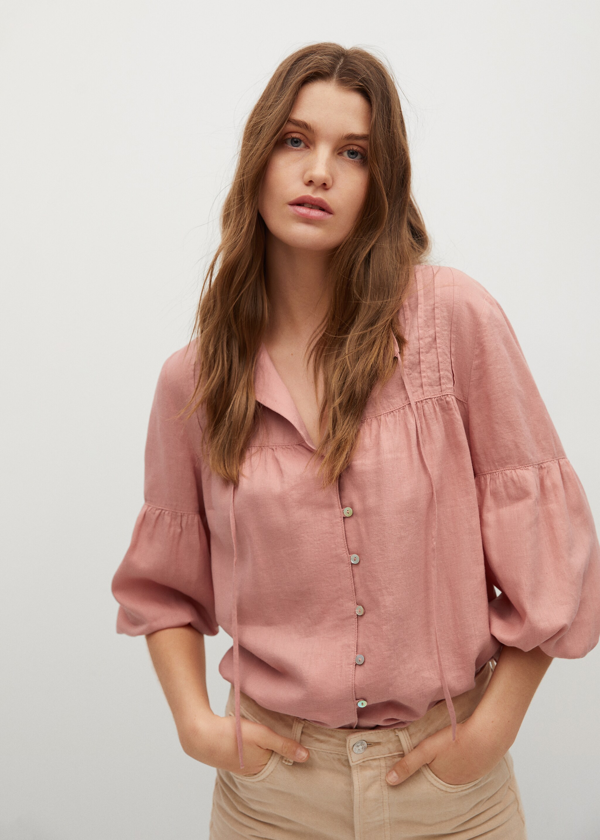 Button linen-blend blouse - Medium plane