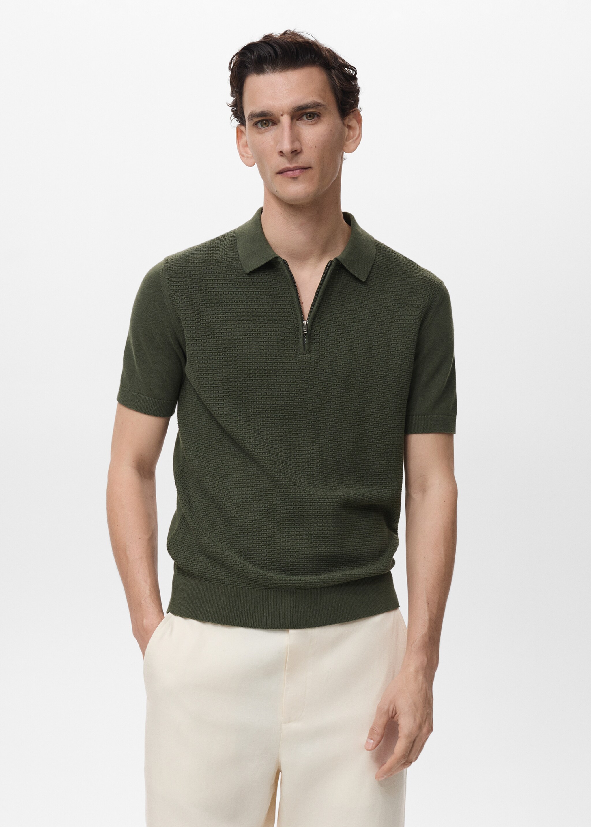 Openwork cotton knitte polo shirt - Details of the article 2, Khaki. Ref: 87039212-00.