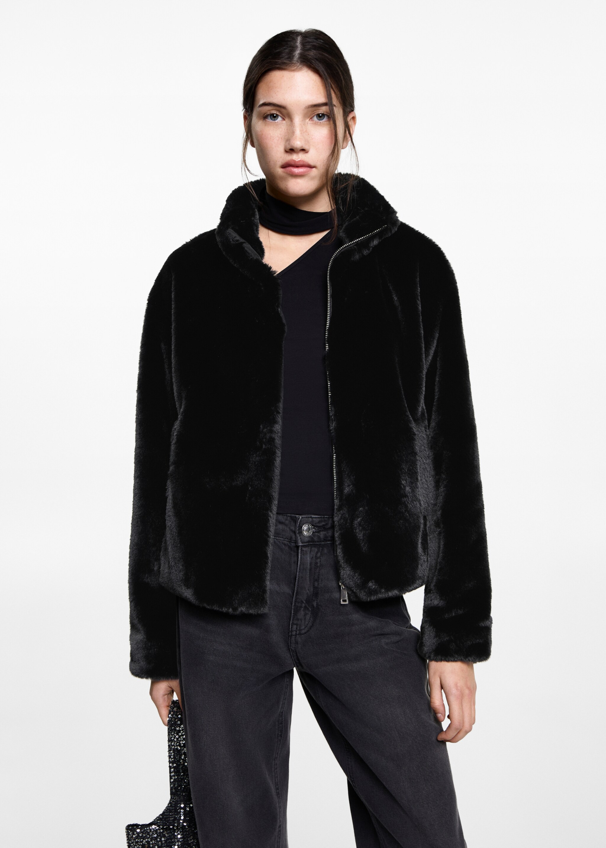 Abrigo pelo cremallera - Plano medio, Negro. Ref: 87040259-00.
