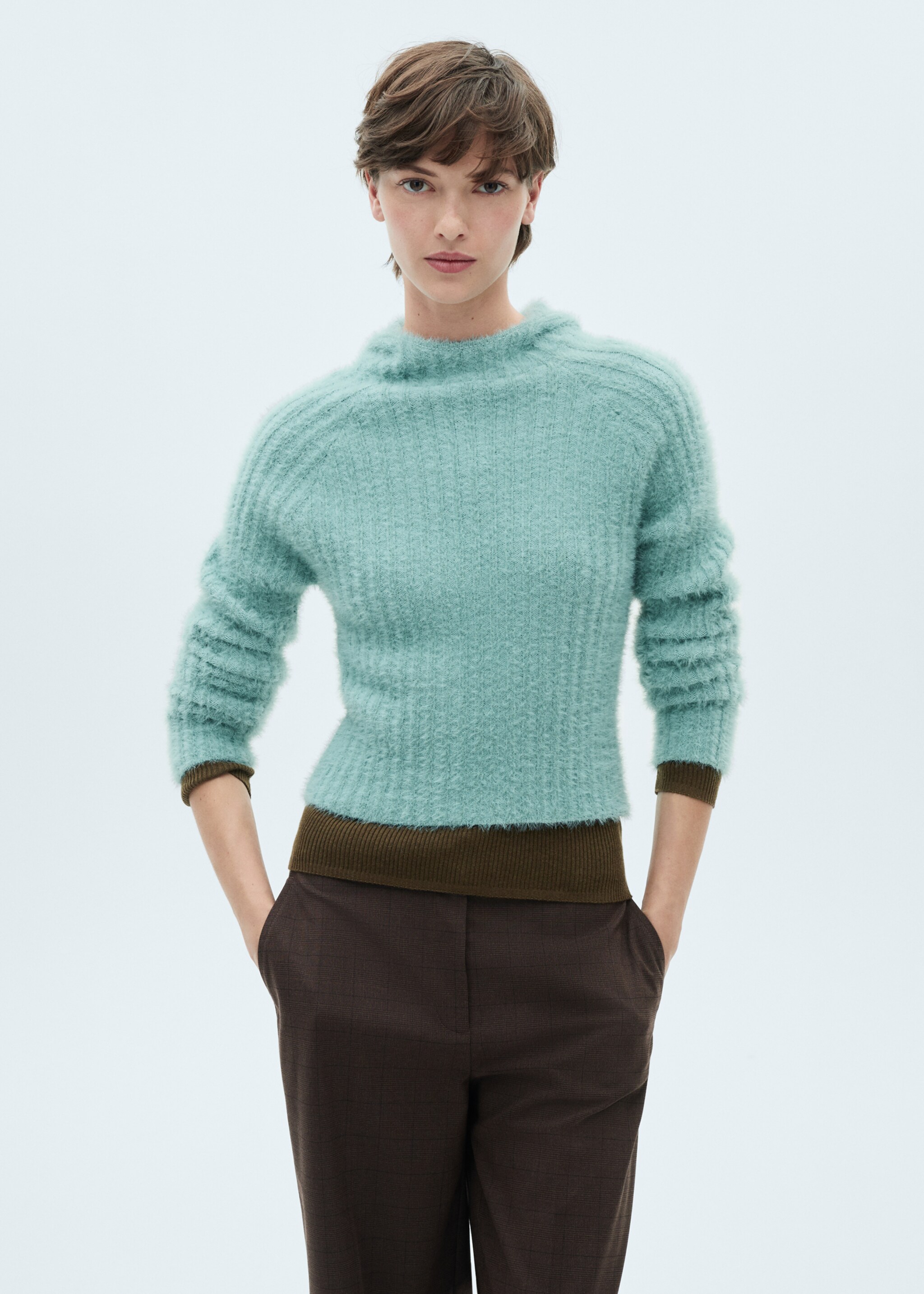 Faux-fur hooded sweater - Medium plane, Turquoise. Ref: 87040359-00.