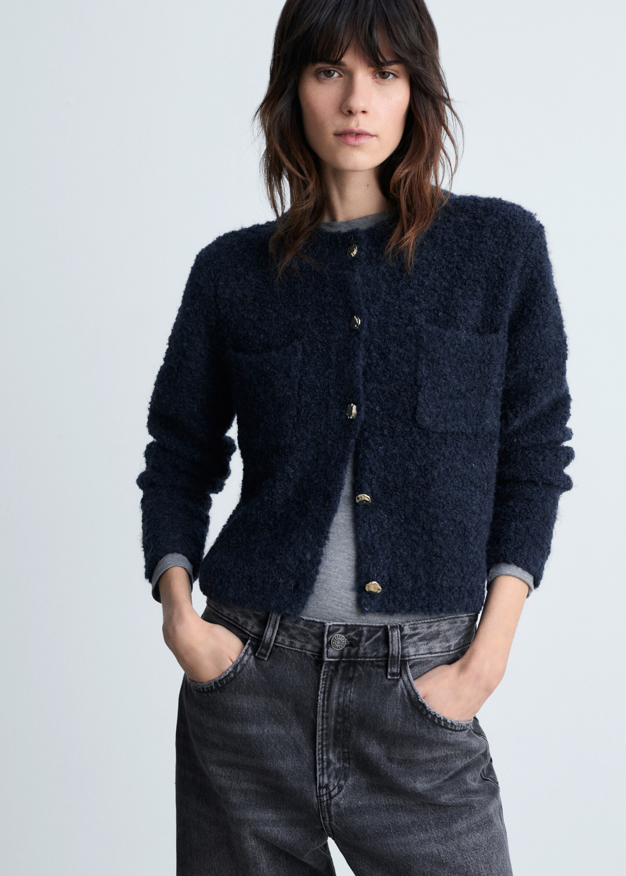 Bouclé jacket with jewel buttons - Medium plane, Dark Navy. Ref: 87040363-00.