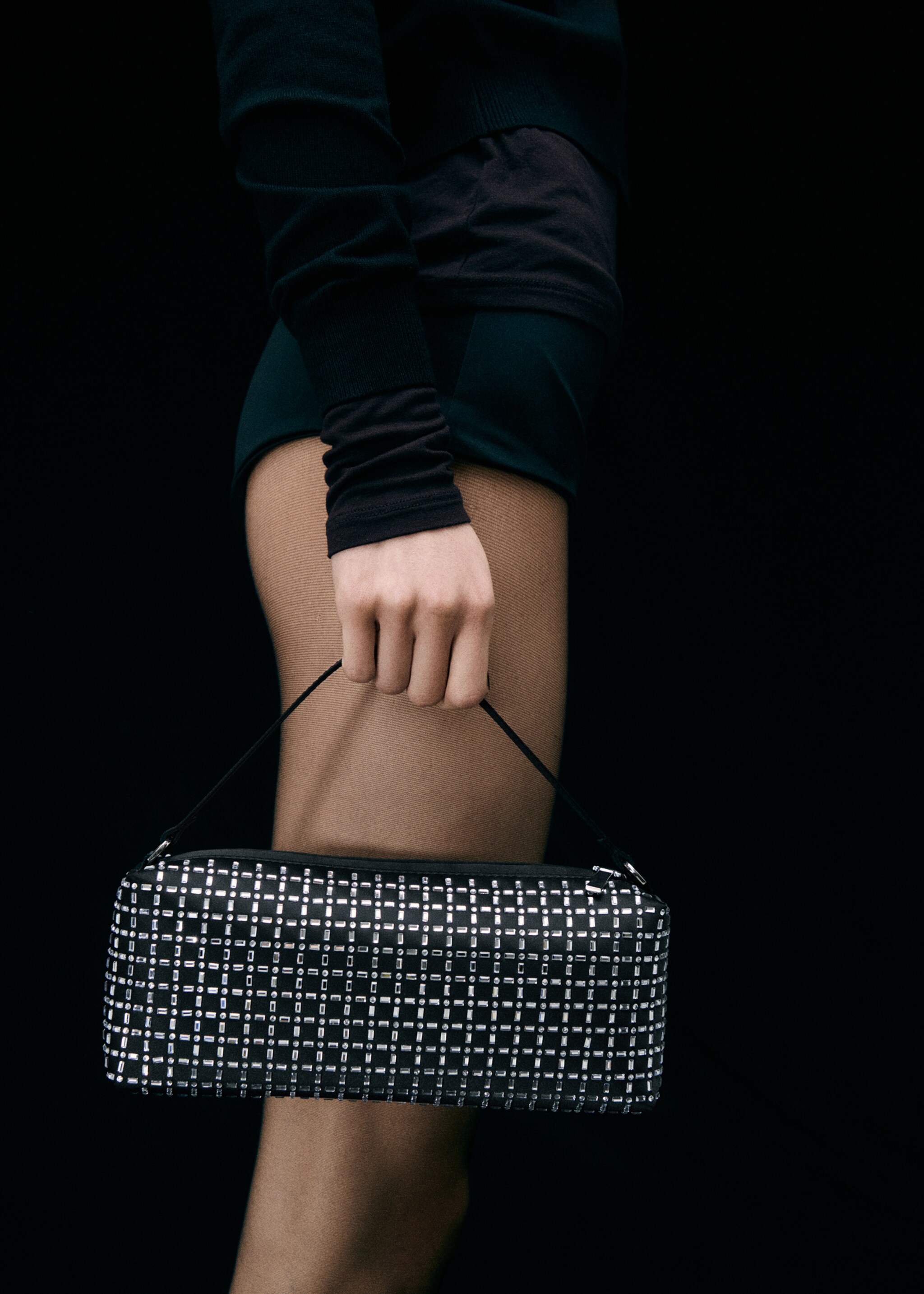 Mini bag with crystal appliqué - Details of the article 9, Black. Ref: 87040428-00.