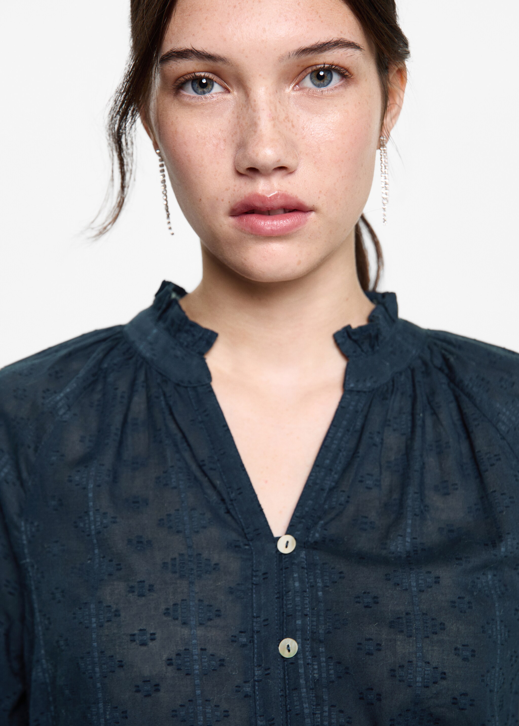 Textured embroidered blouse - Details of the article 1, Dark Navy. Ref: 87040429-00.