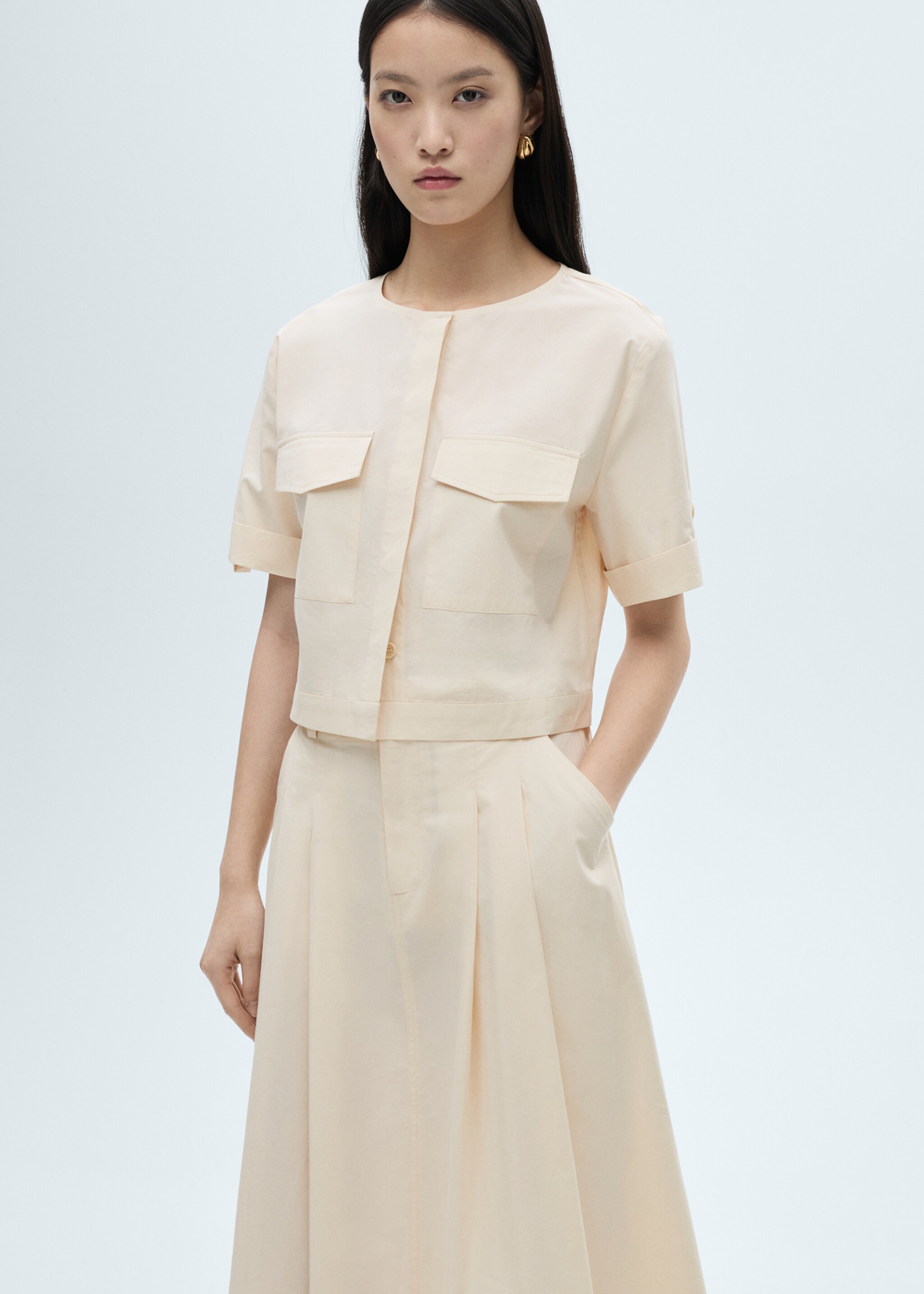 Chest-pocket cotton blouse - Medium plane, Ecru. Ref: 87040579-00.