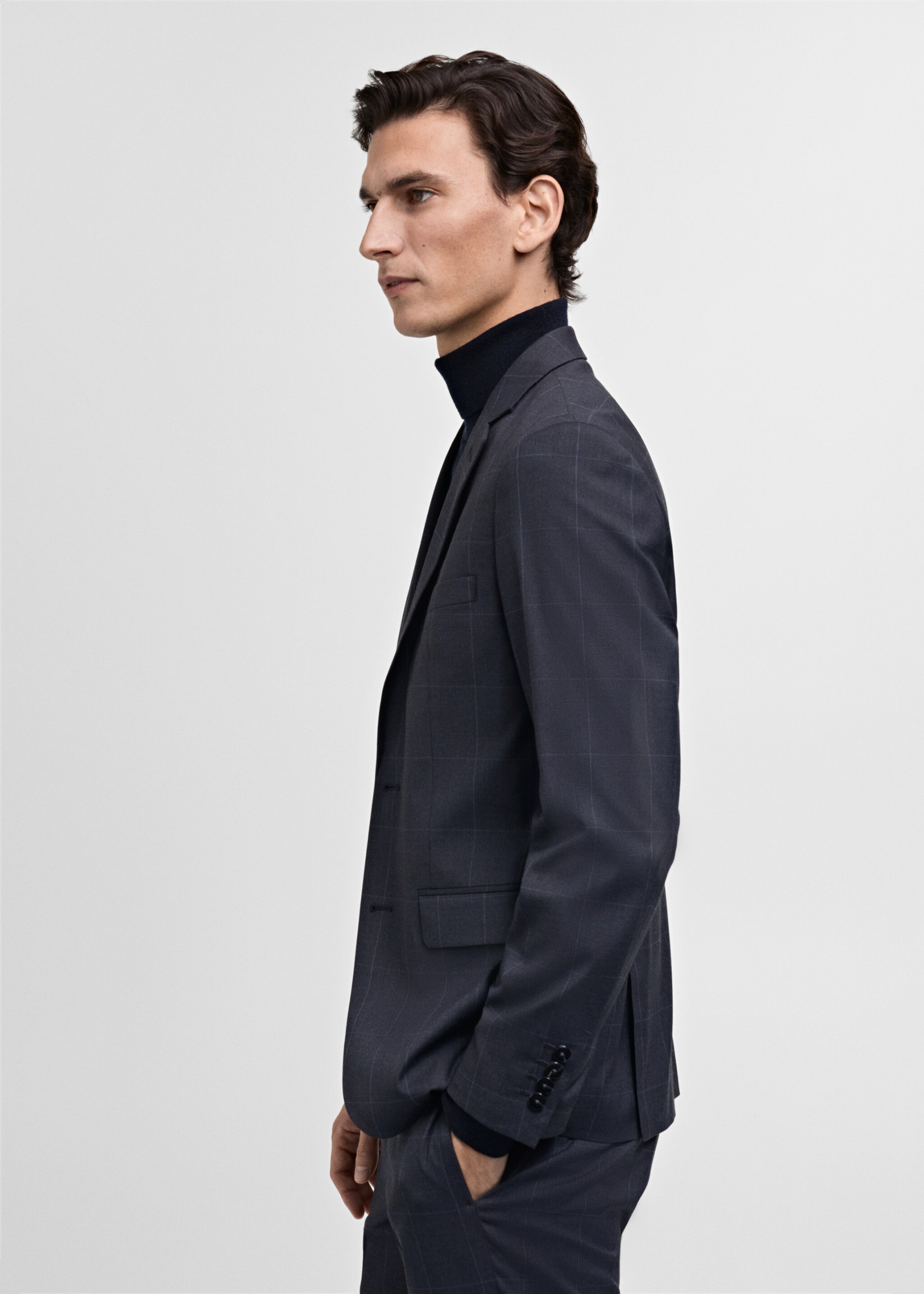 Super slim-fit suit jacket in stretch fabric - Details of the article 6, Dark Navy. Ref: 87040585-00.