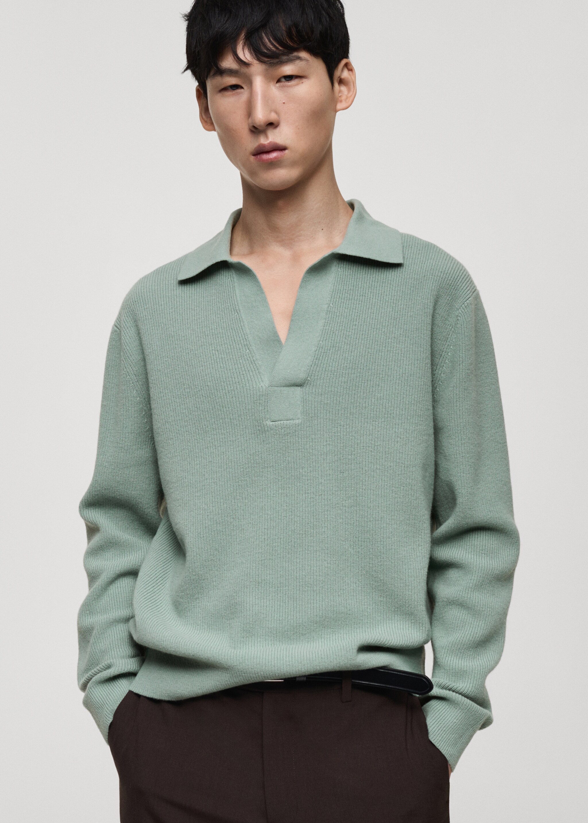 Knitted wool blend polo sweater - Medium plane, Aqua Green. Ref: 87040600-00.