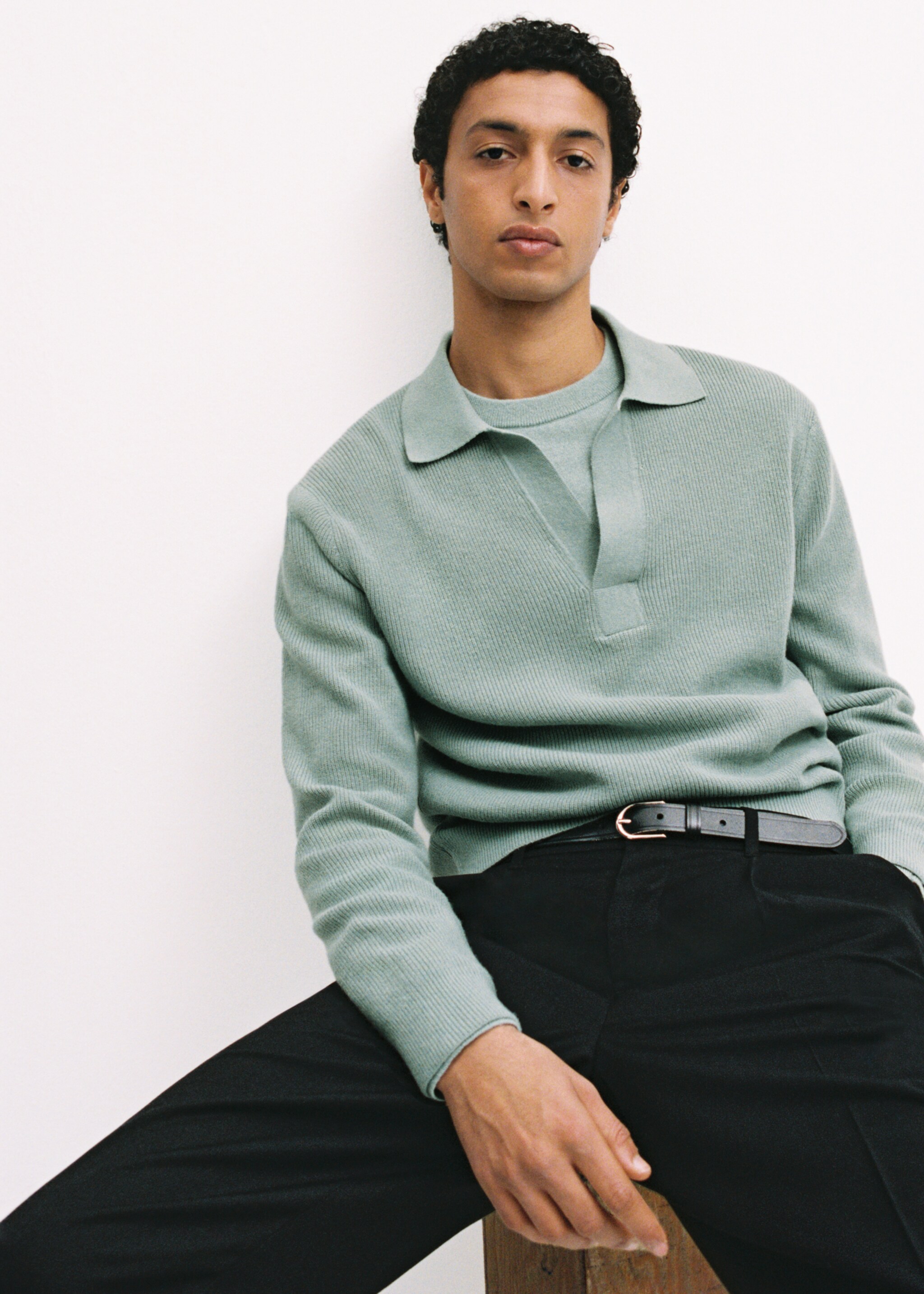 Knitted wool blend polo sweater - Details of the article 3, Aqua Green. Ref: 87040600-00.