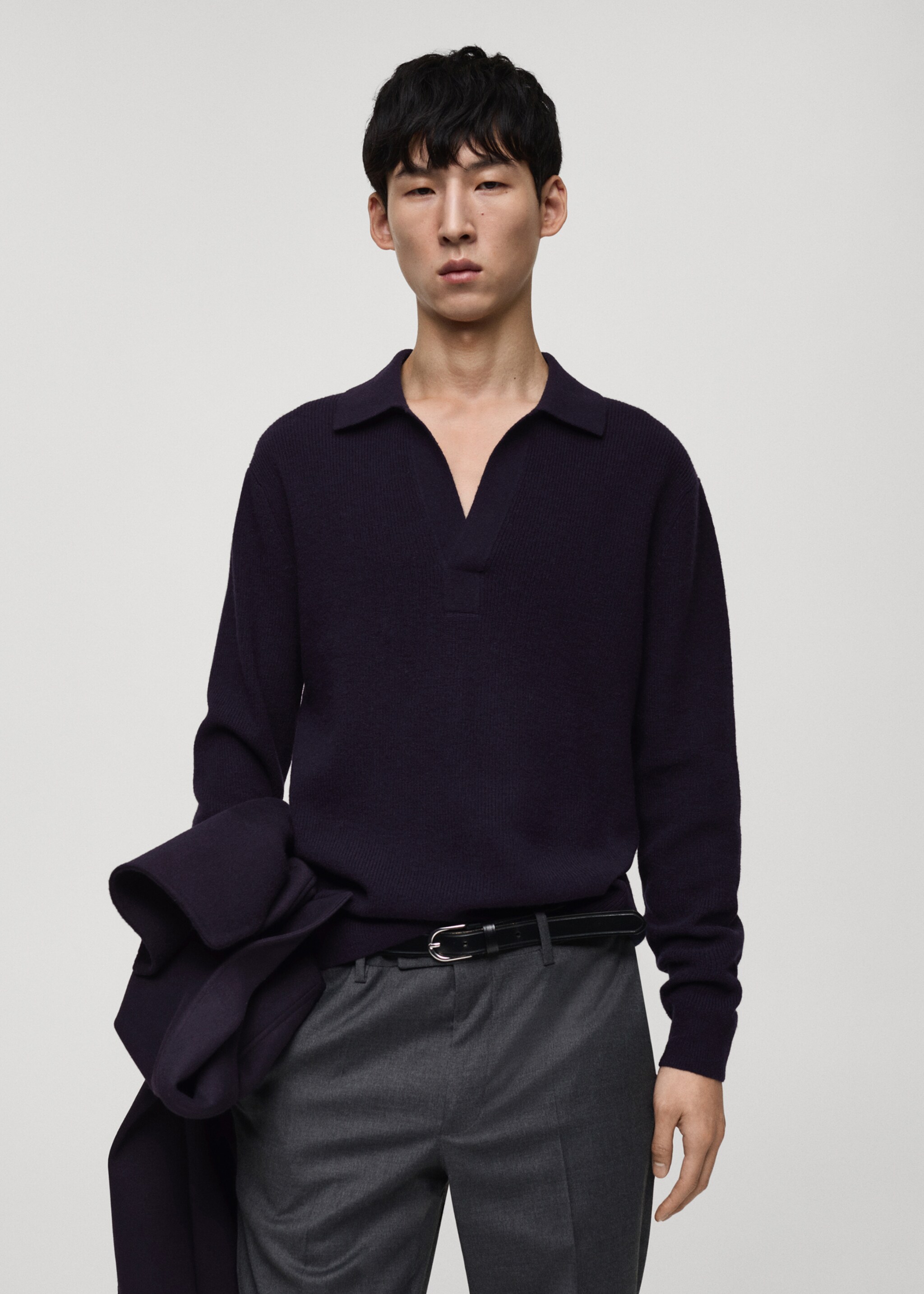 Knitted wool blend polo sweater - Medium plane, Dark Navy. Ref: 87040600-00.