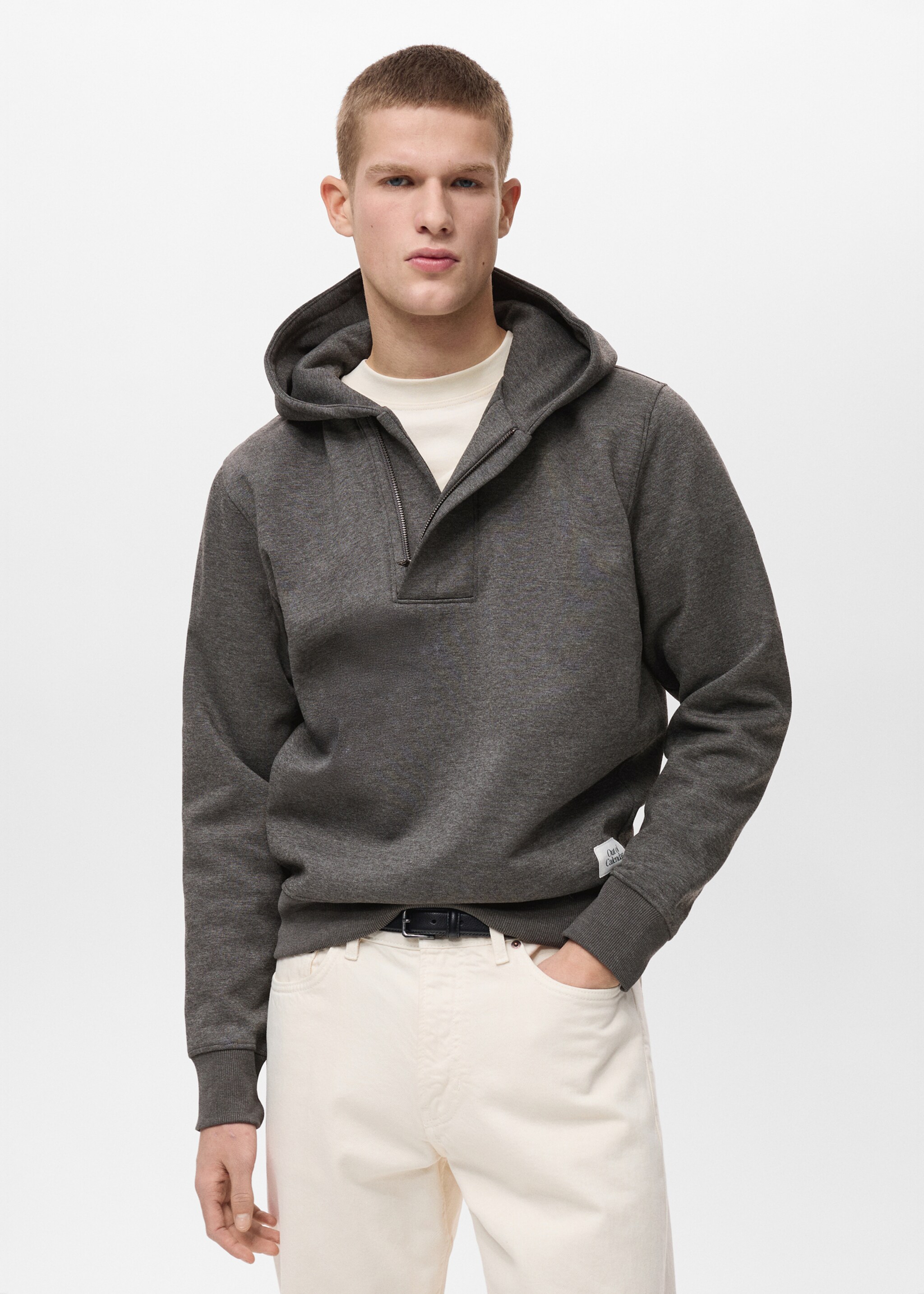 Hoodie mit Zip-Kragen - Mittlere Ansicht, Mittelgrau meliert. Ref: 87040603-00.