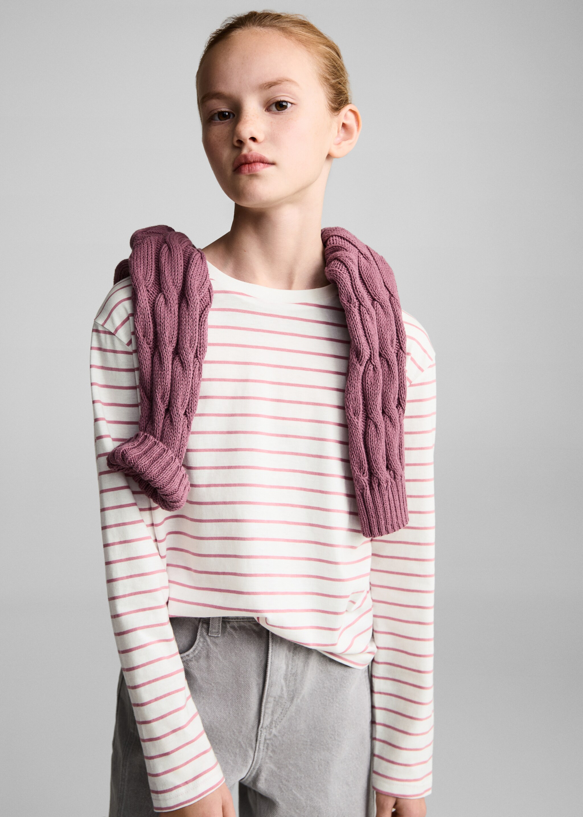 Randig bomull t-shirt - Bild av mittparti, Rosa. Ref: 87040641-00.