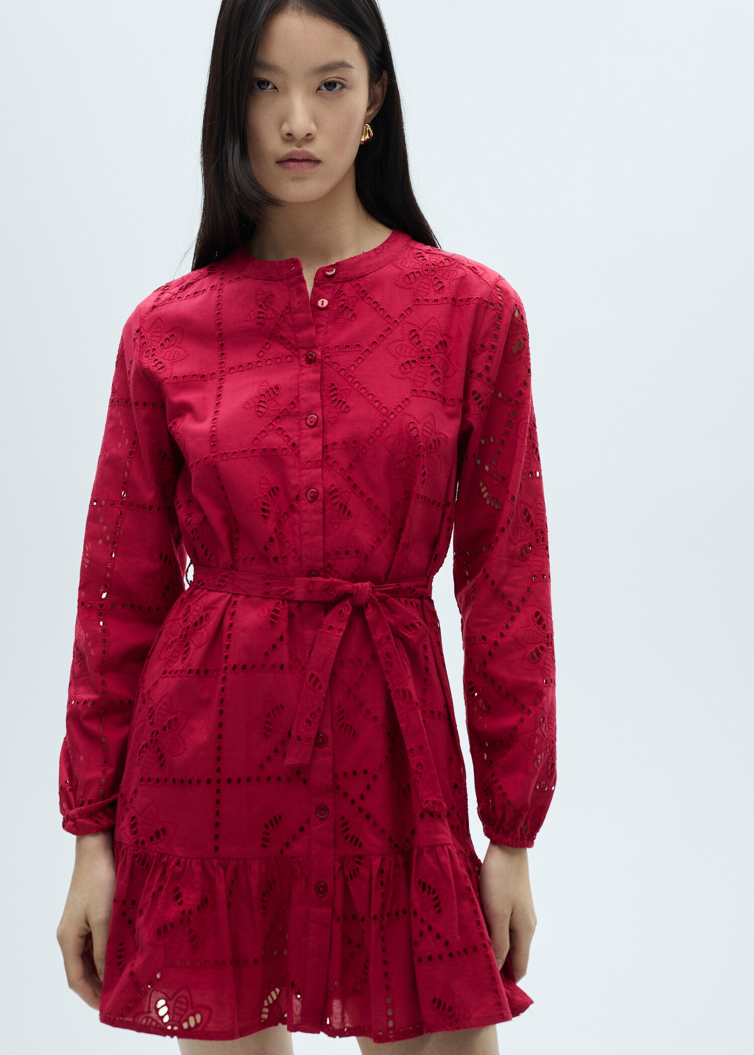 Ruffled dress with embroidered openwork - Women | MANGO OUTLET Greece Ruffled dress with embroidered openwork - Women | MANGO OUTLET Greece