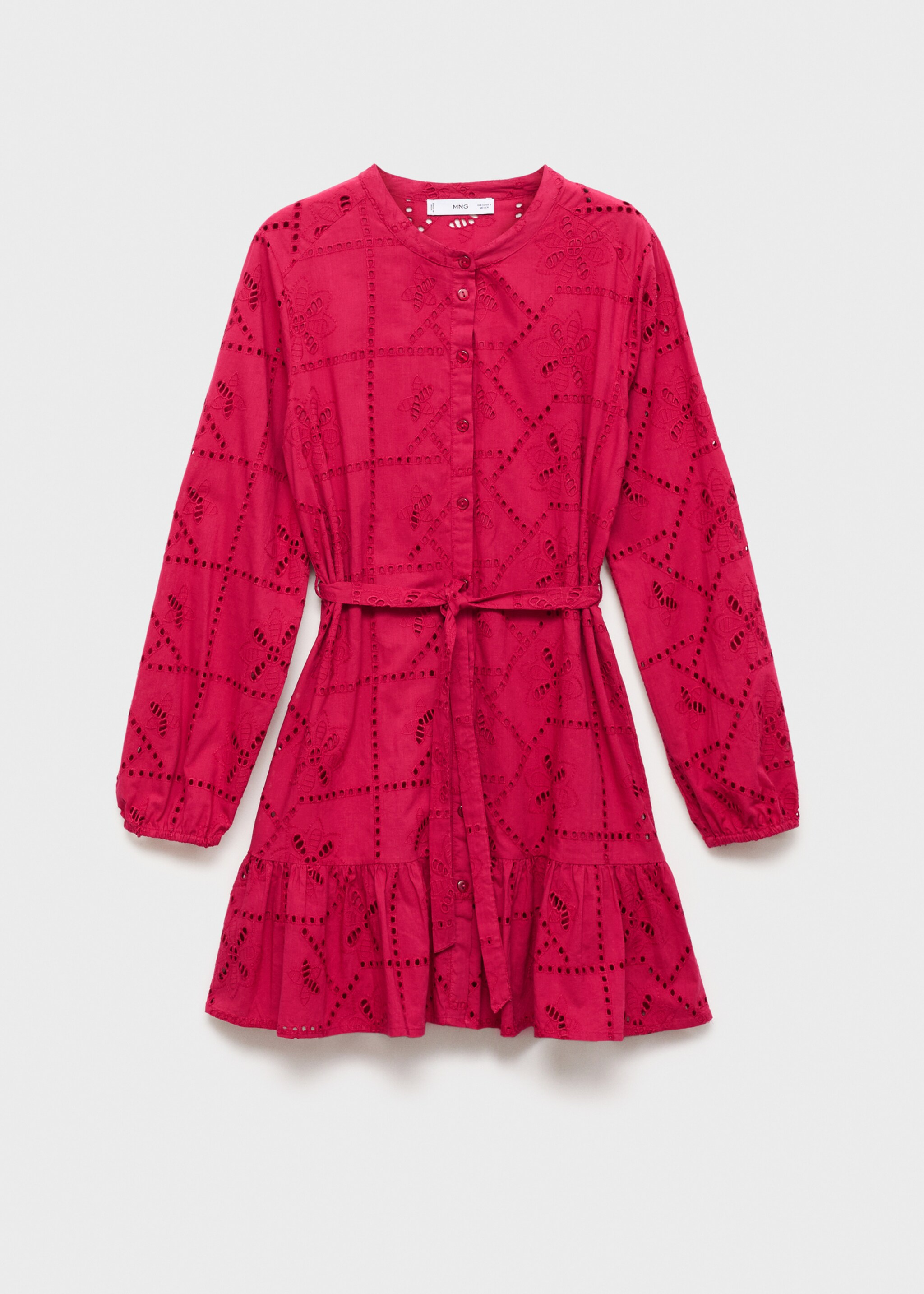 Klänning med volanger och genombrutet broderi - Artikel utan modell, Jordgubbe. Ref: 87042535-00.