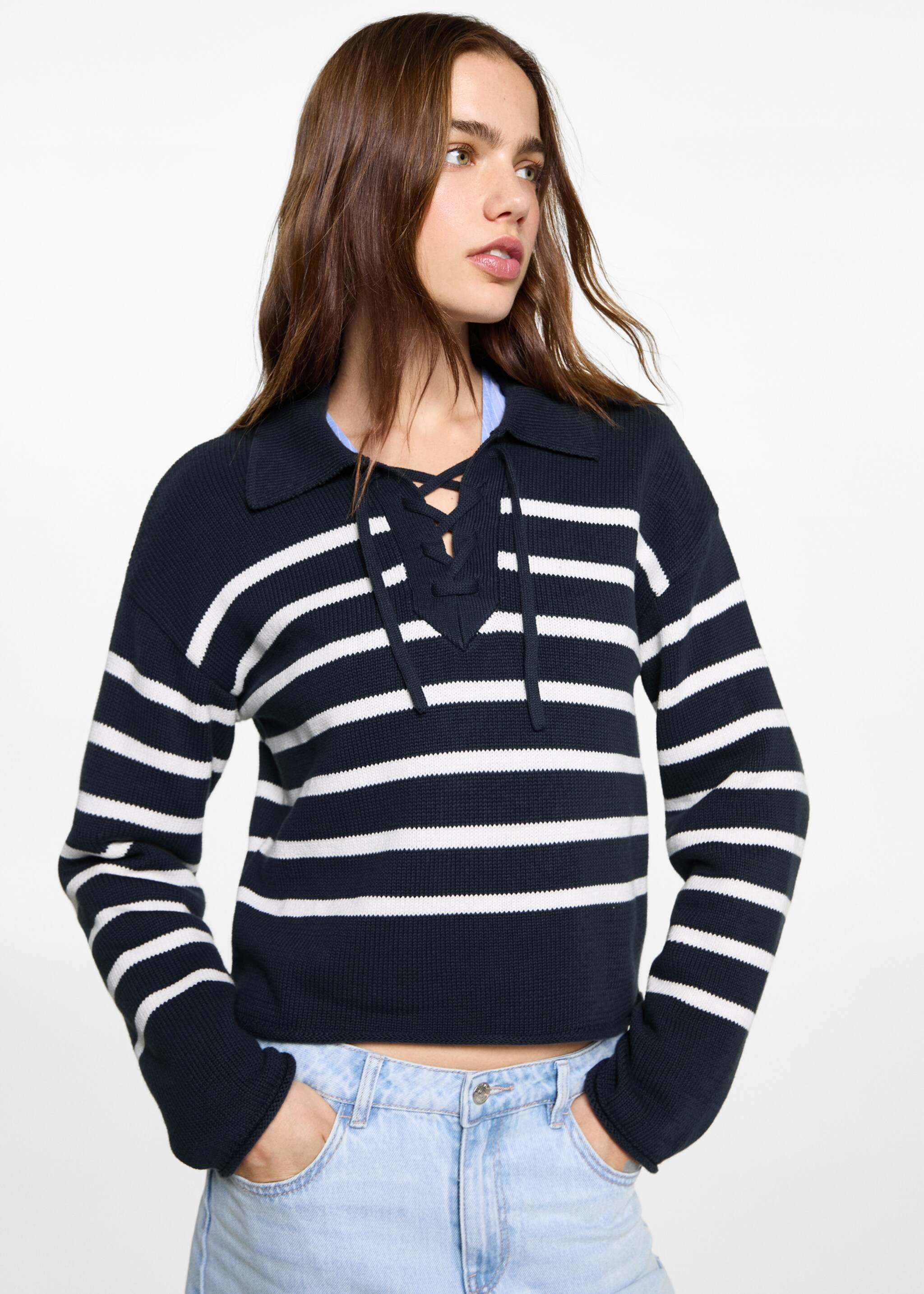 Striped polo-neck sweater - Medium plane, Blue. Ref: 87042538-00.