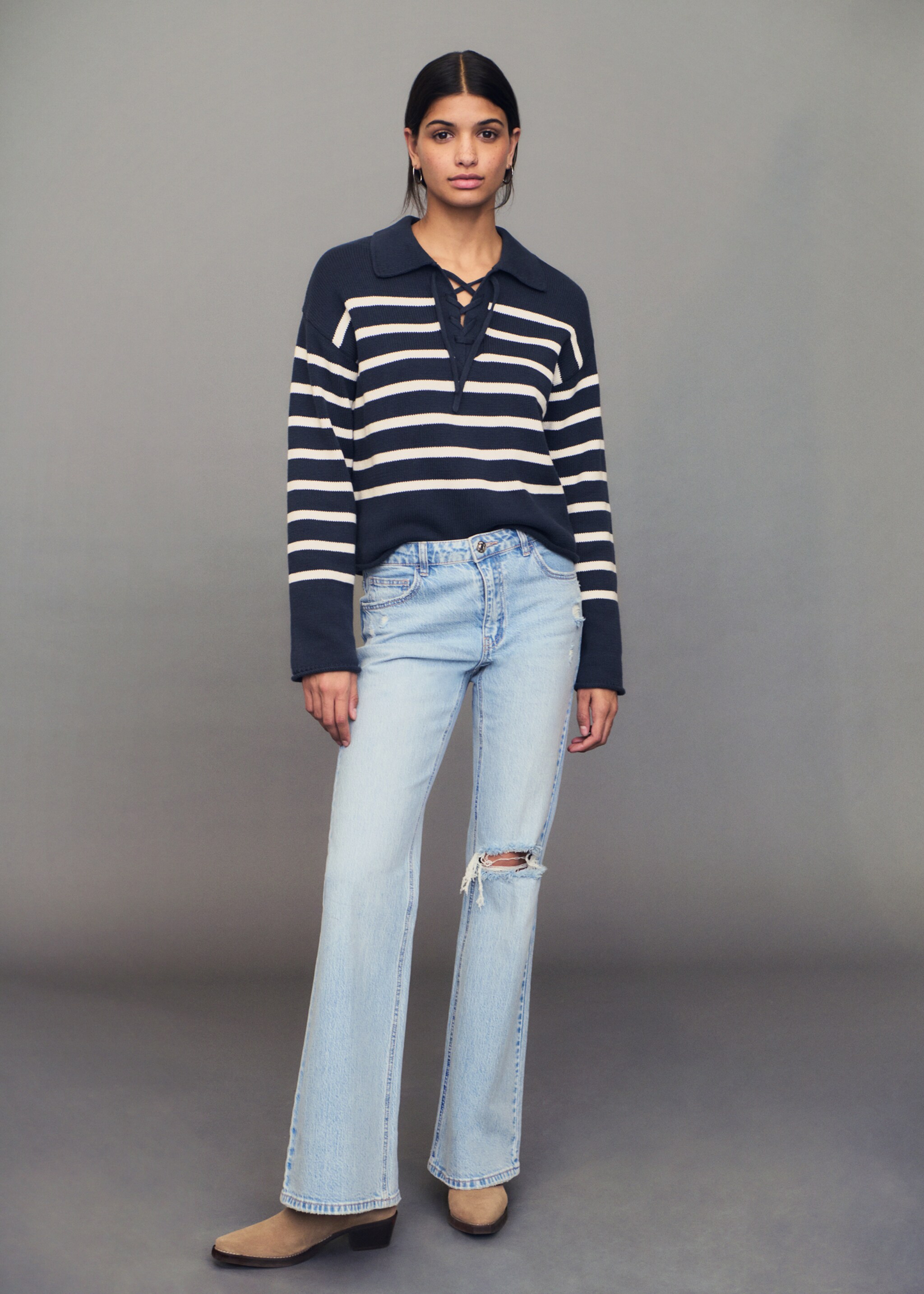 Striped polo-neck sweater - Details of the article 7, Blue. Ref: 87042538-00.