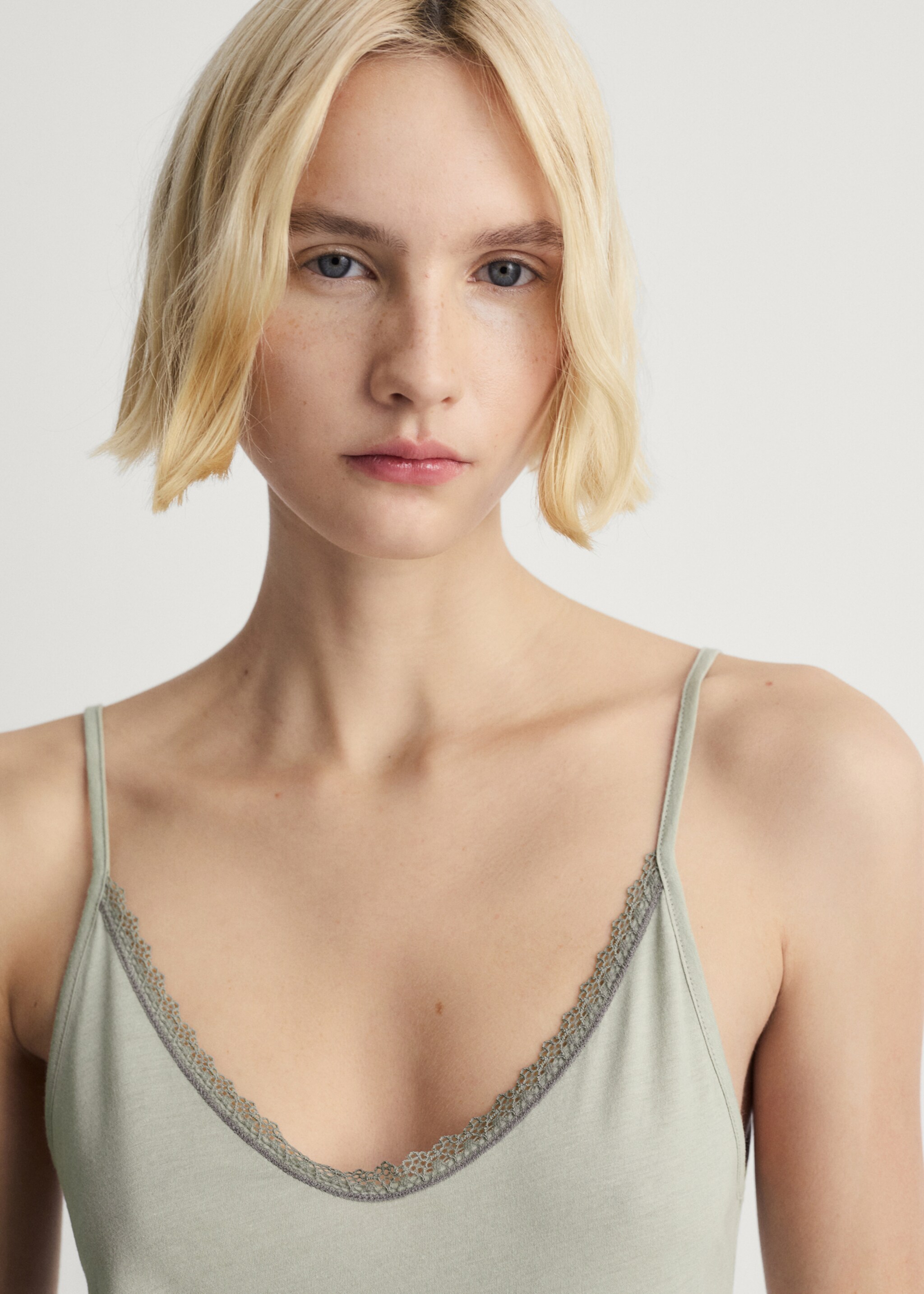 Cotton nightdress with lace trim - Details of the article 1, Aqua Green. Ref: 87042939-00.