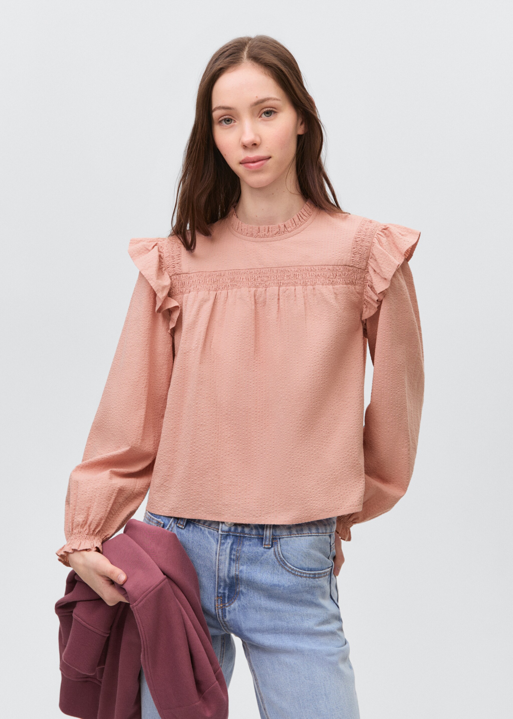 Textured cotton blouse - Medium plane, Pastel Pink. Ref: 87043279-00.