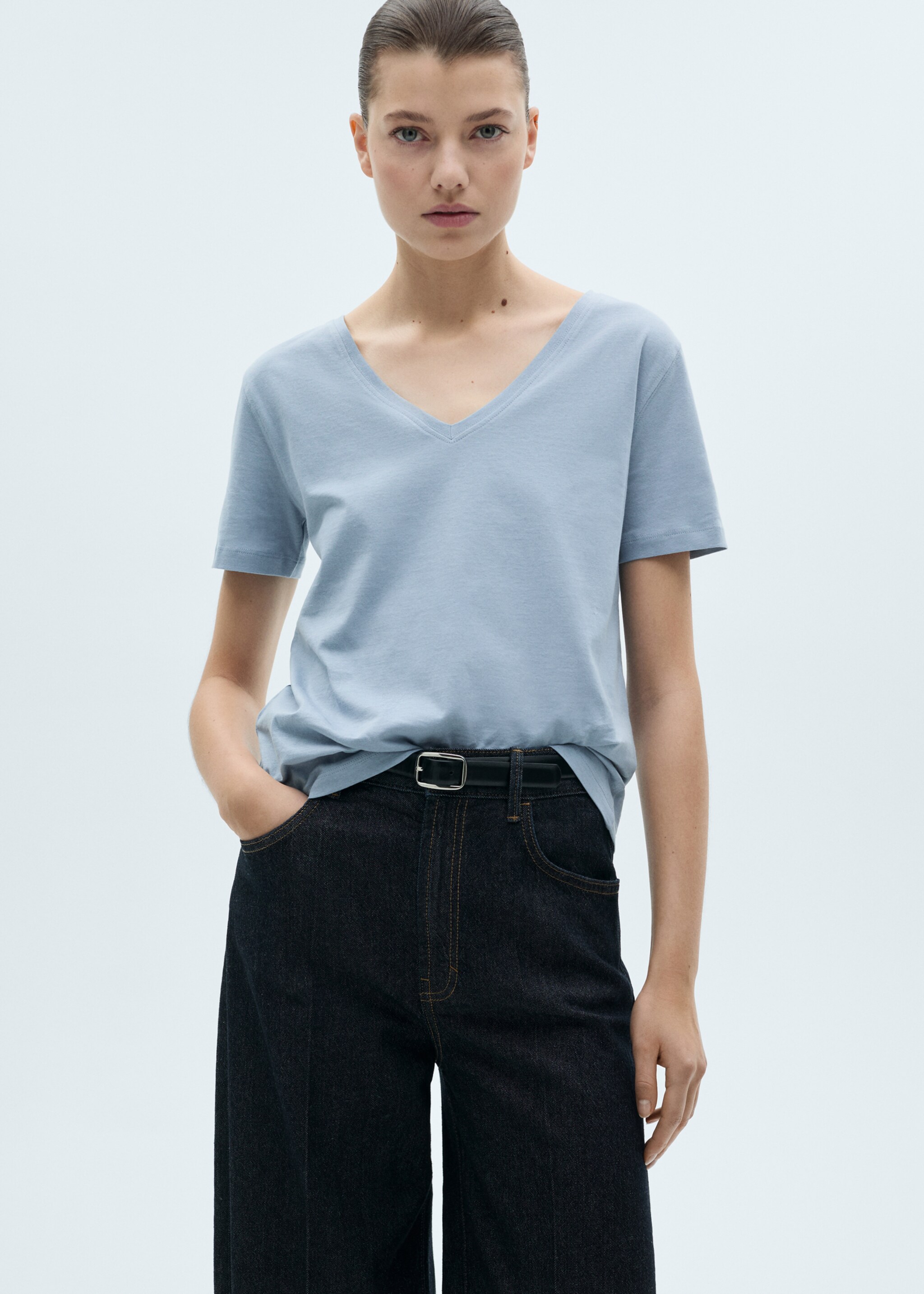 V-neck cotton T-shirt - Medium plane, Sky Blue. Ref: 87044074-00.