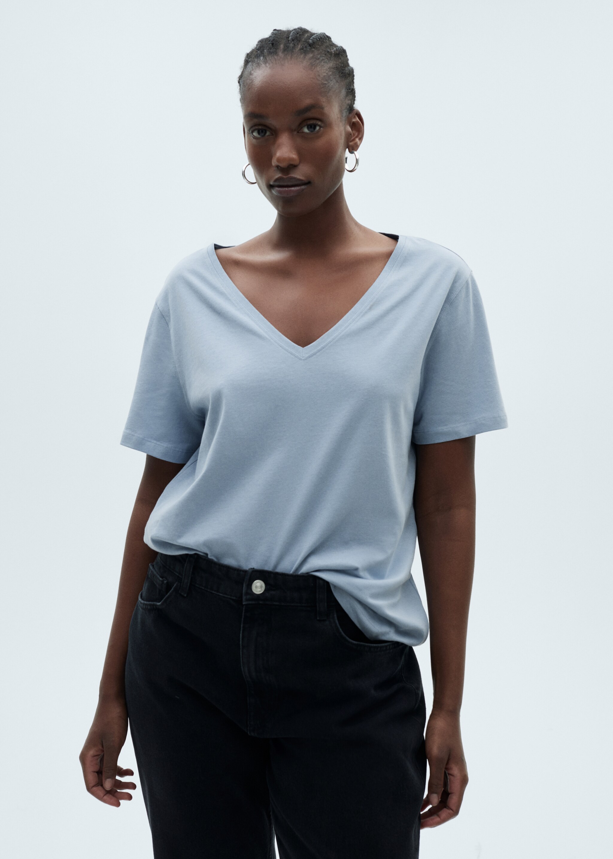 V-neck cotton T-shirt - Details of the article 5, Sky Blue. Ref: 87044074-00.