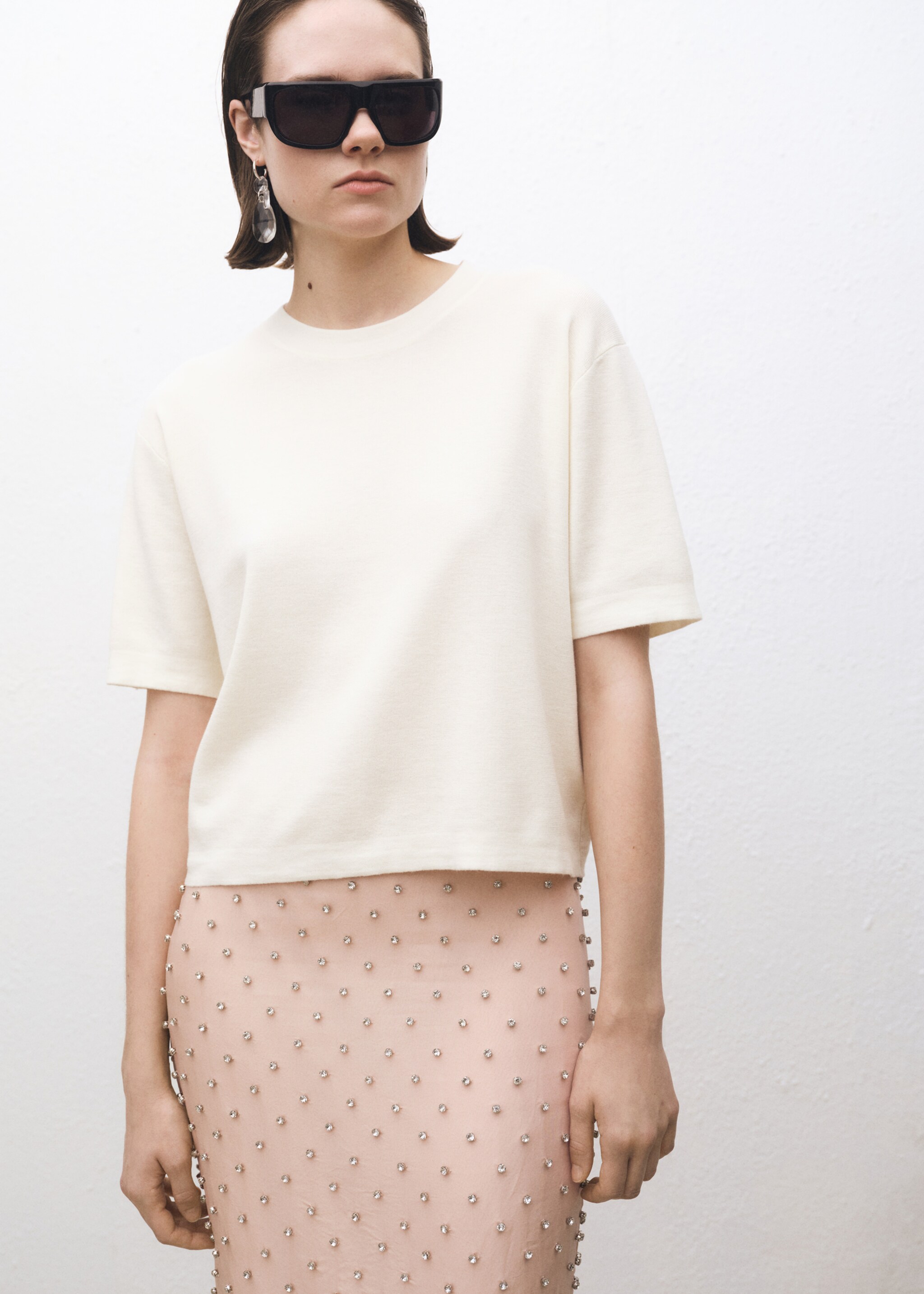 Short-sleeved wool-blend sweater - Medium plane, Ecru. Ref: 87044089-00.