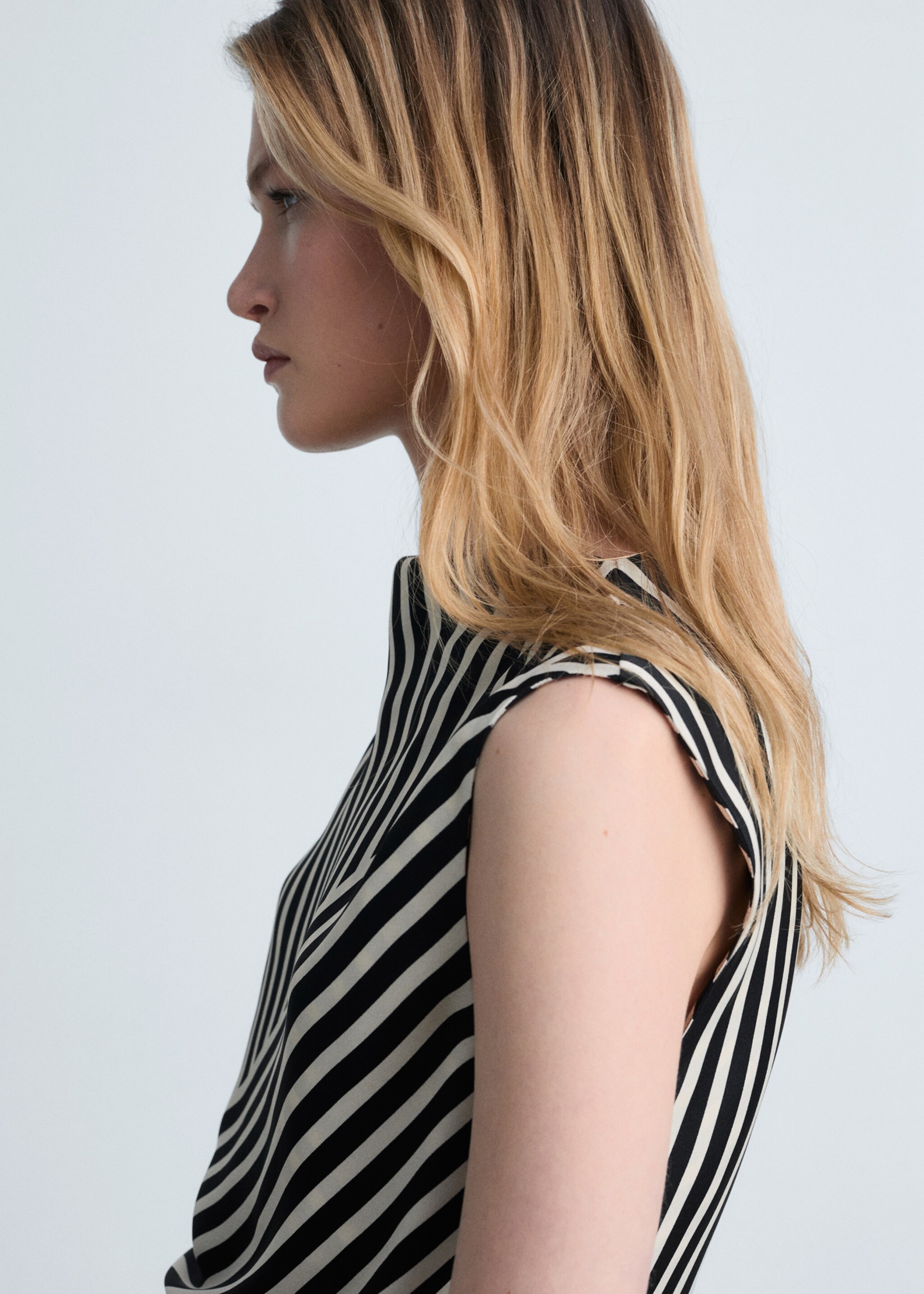 Striped perkins-neck blouse - Details of the article 1, Black. Ref: 87044091-00.