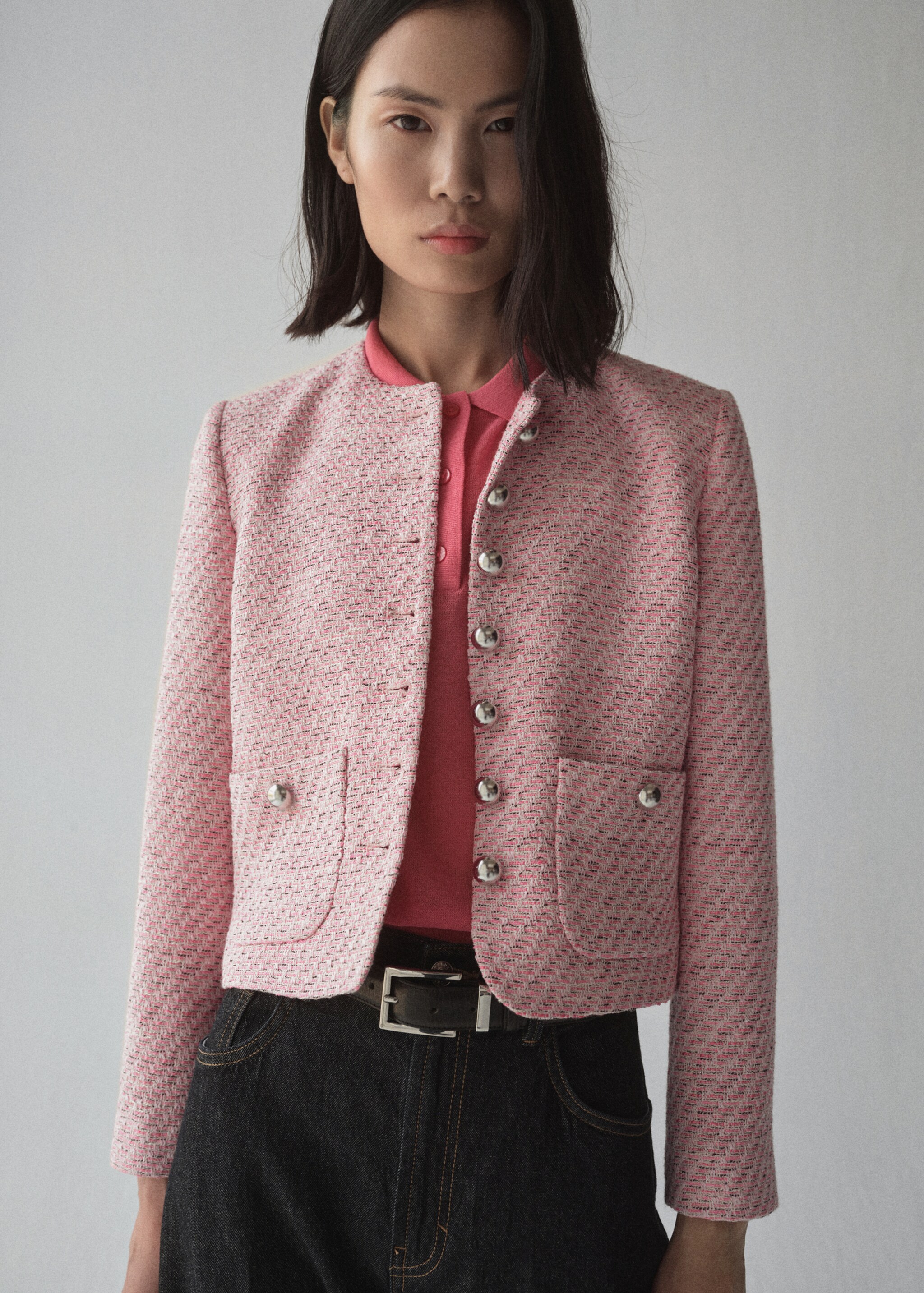 Fitted tweed jacket - Medium plane, Pink. Ref: 87044094-00.
