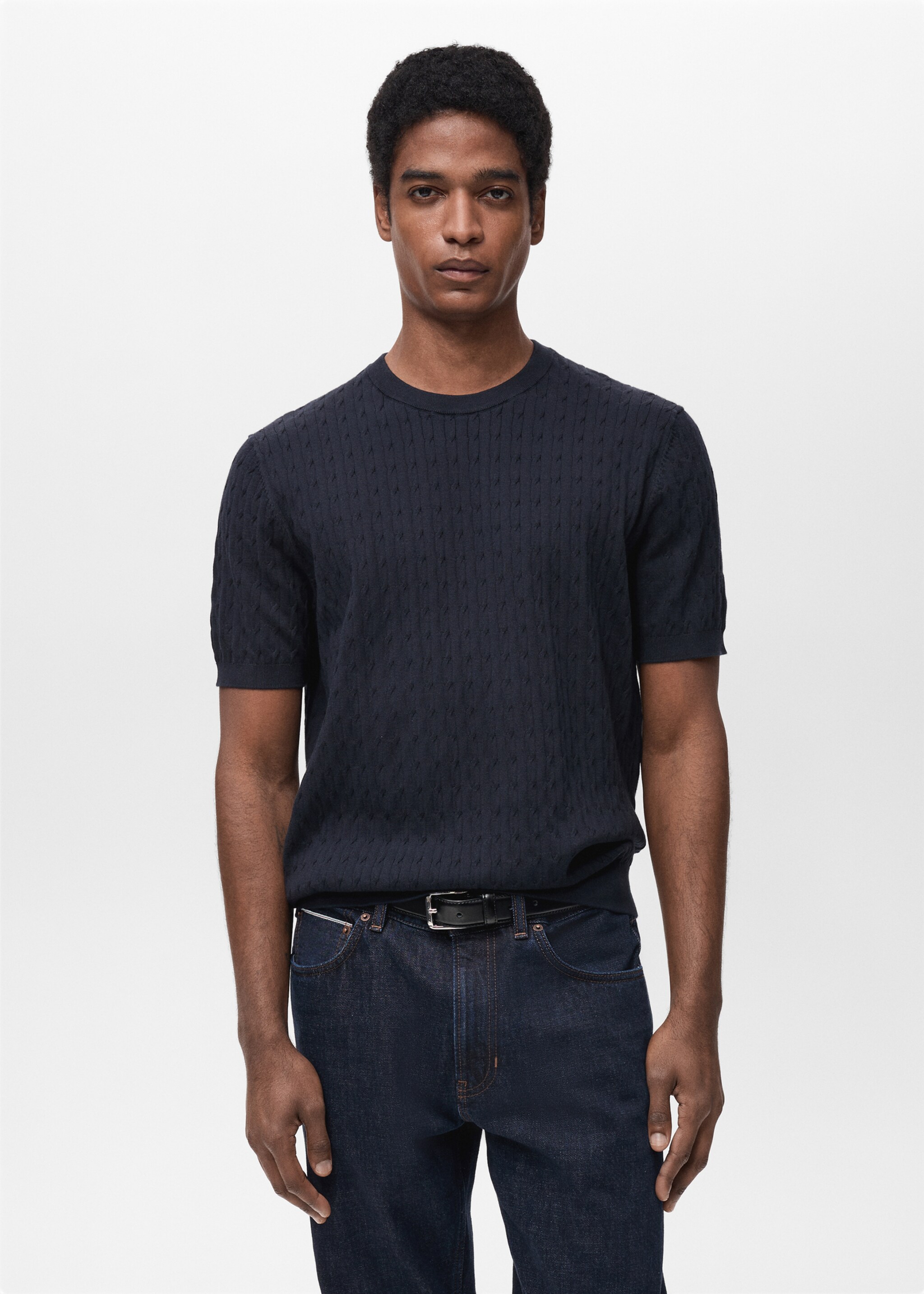 Braided fine-knit t-shirt - Medium plane, Night Blue. Ref: 87044411-00.