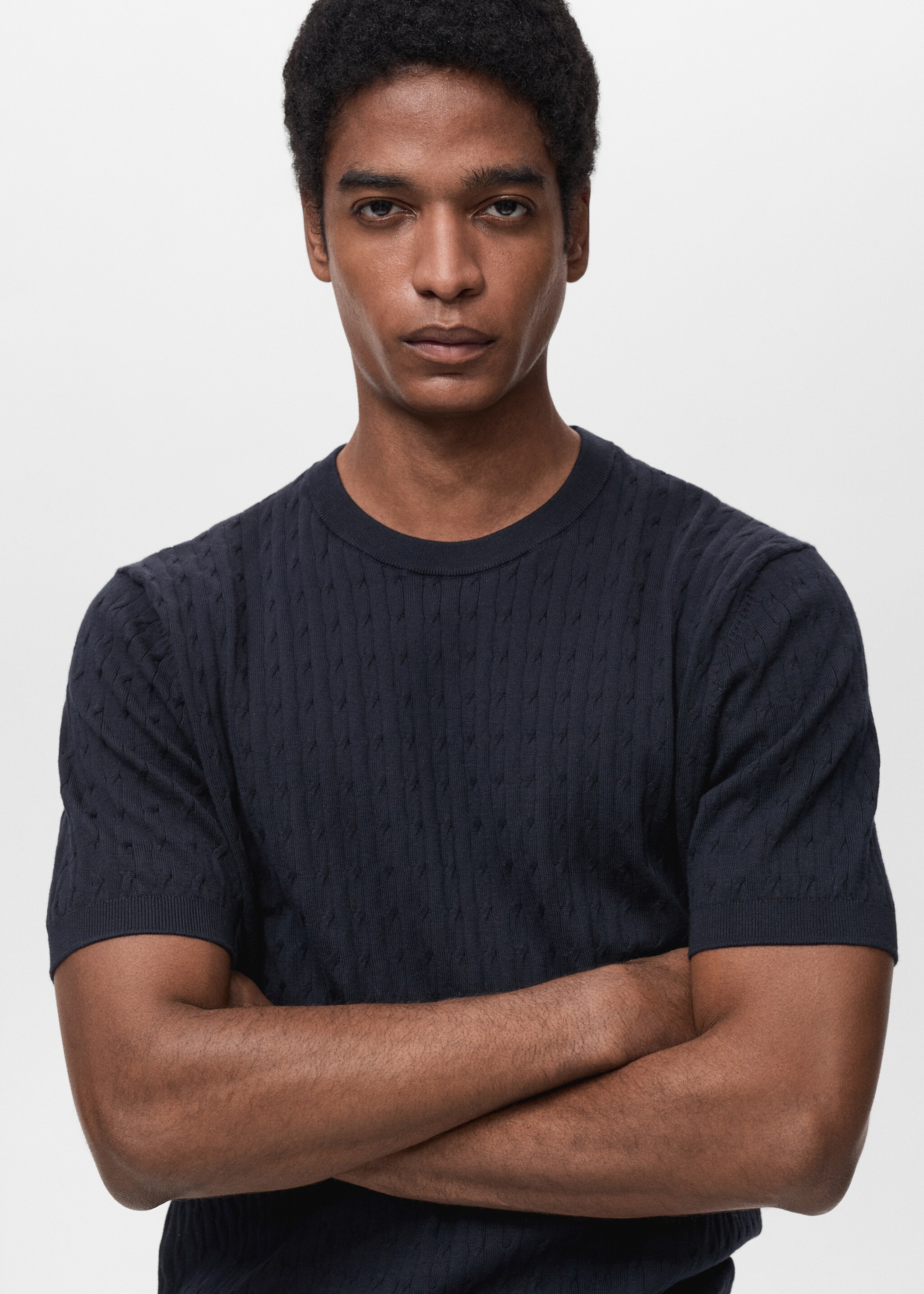 Braided fine-knit t-shirt - Details of the article 1, Night Blue. Ref: 87044411-00.