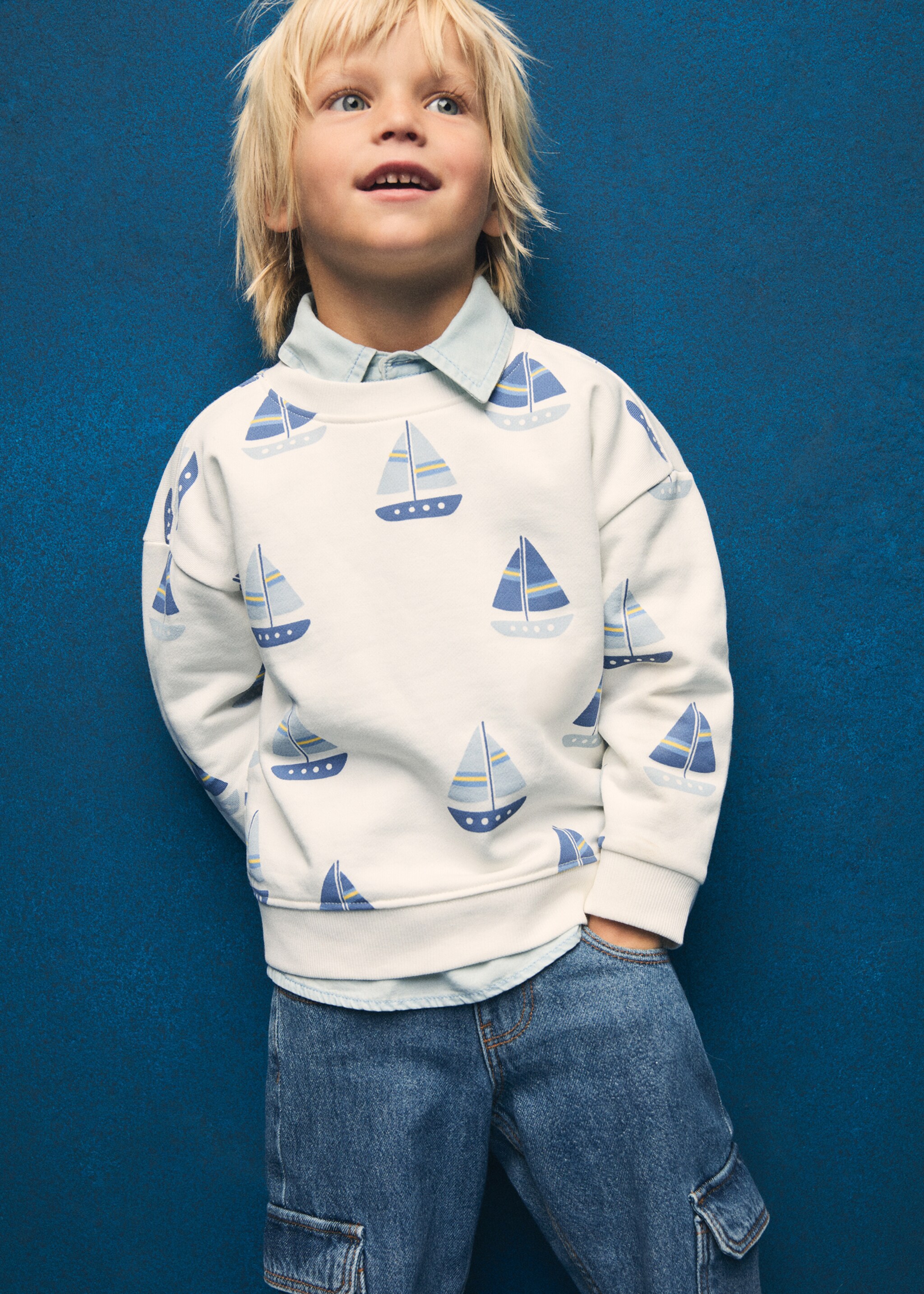 Gemustertes Baumwoll-Sweatshirt - Detail des Artikels 5, Cremeweiß. Ref: 87044788-00.