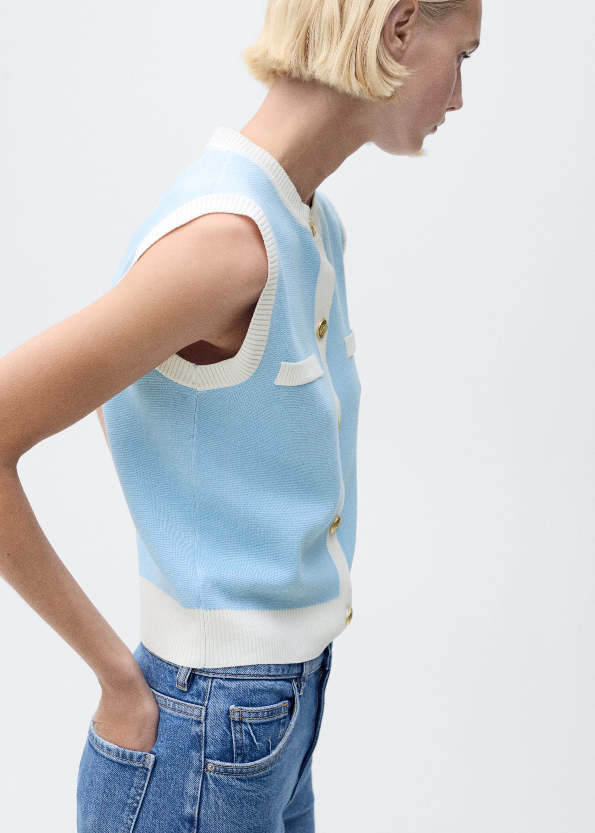 Gilet maille liserés contrastants - Détail de l'article 6, Turquoise. Ref: 87045763-00.