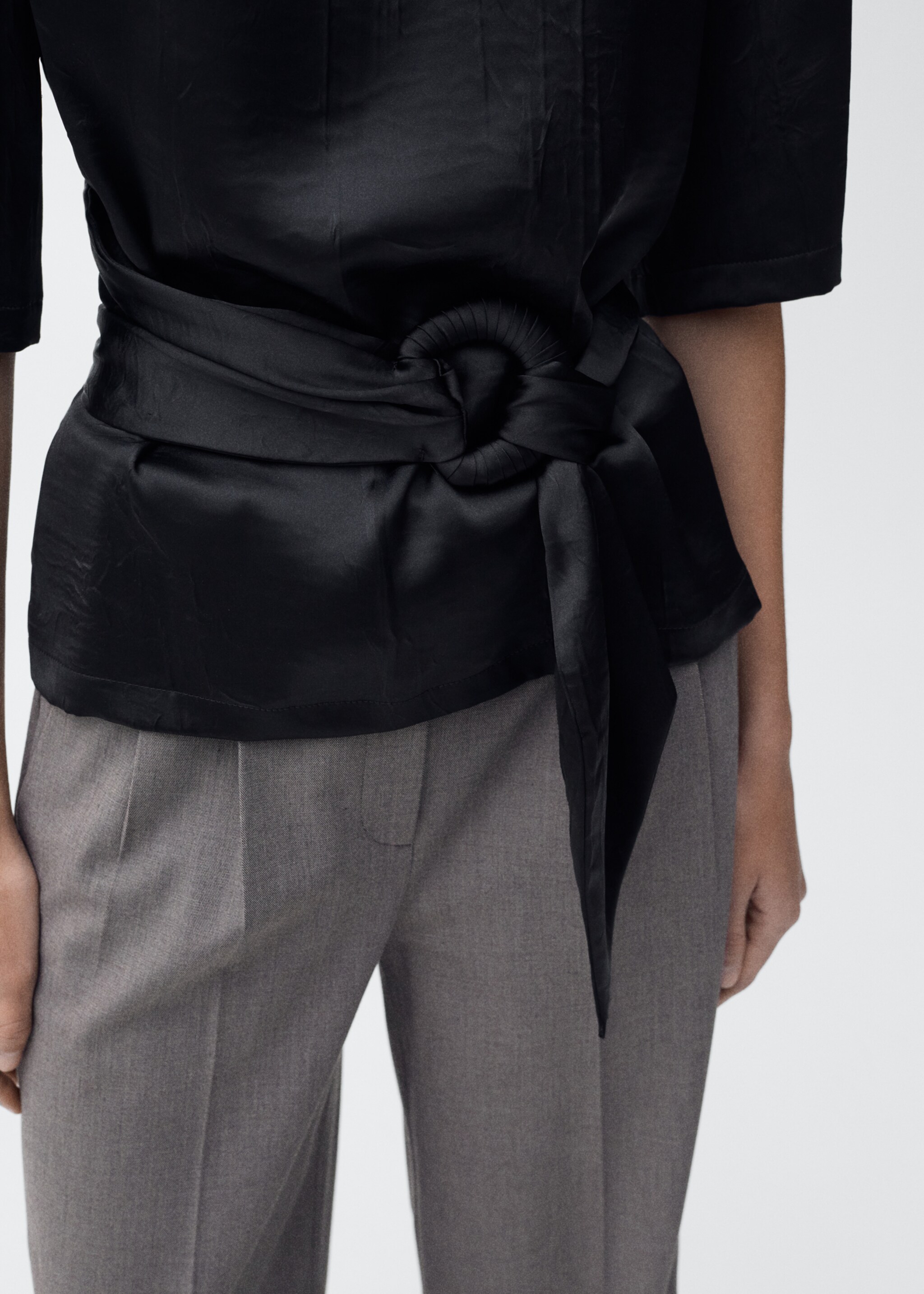 Satin blouse with belt - Details of the article 6, Black. Ref: 87045764-00.