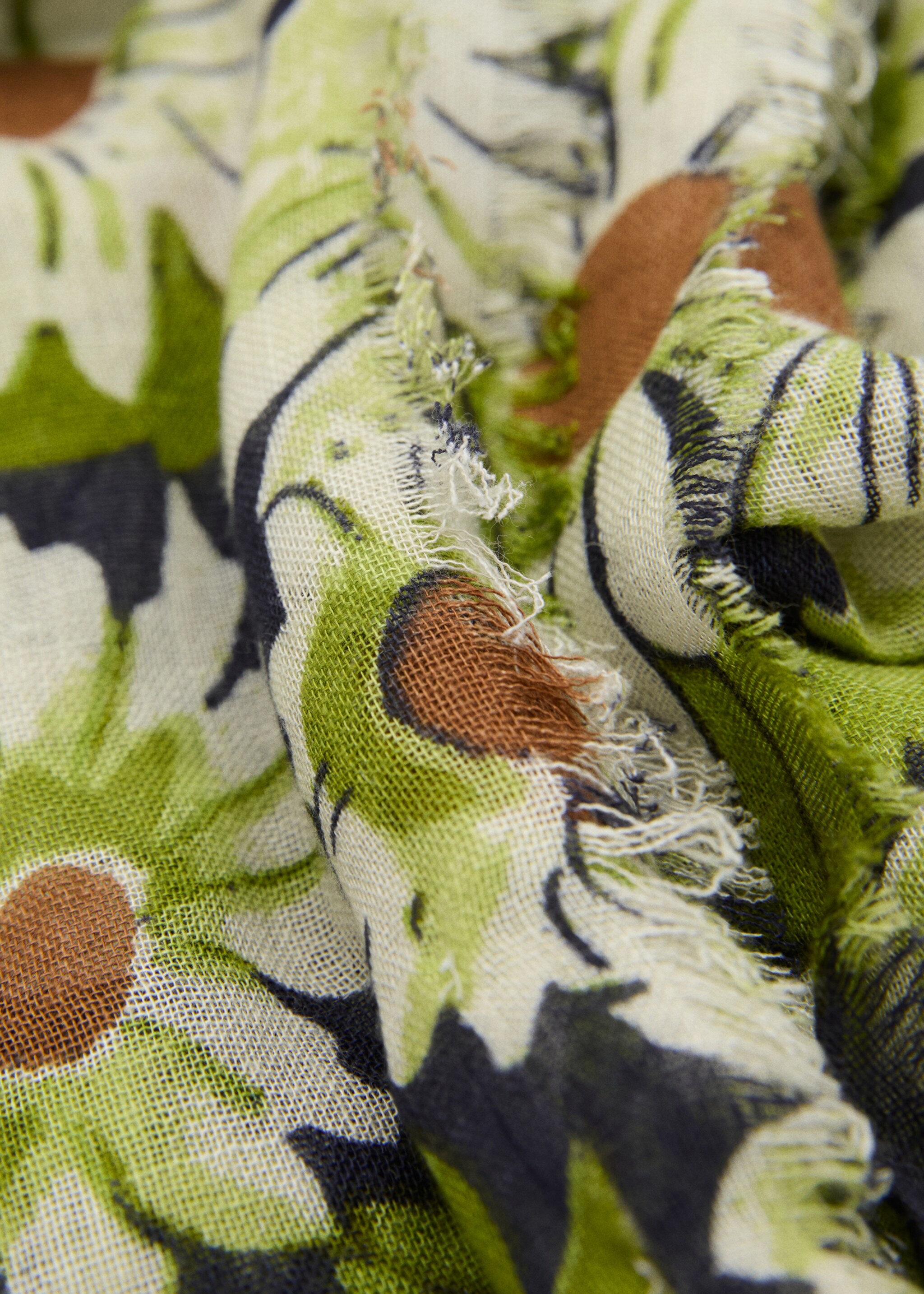 Floral linen-blend scarf - Medium plane, Green. Ref: 87045927-00.