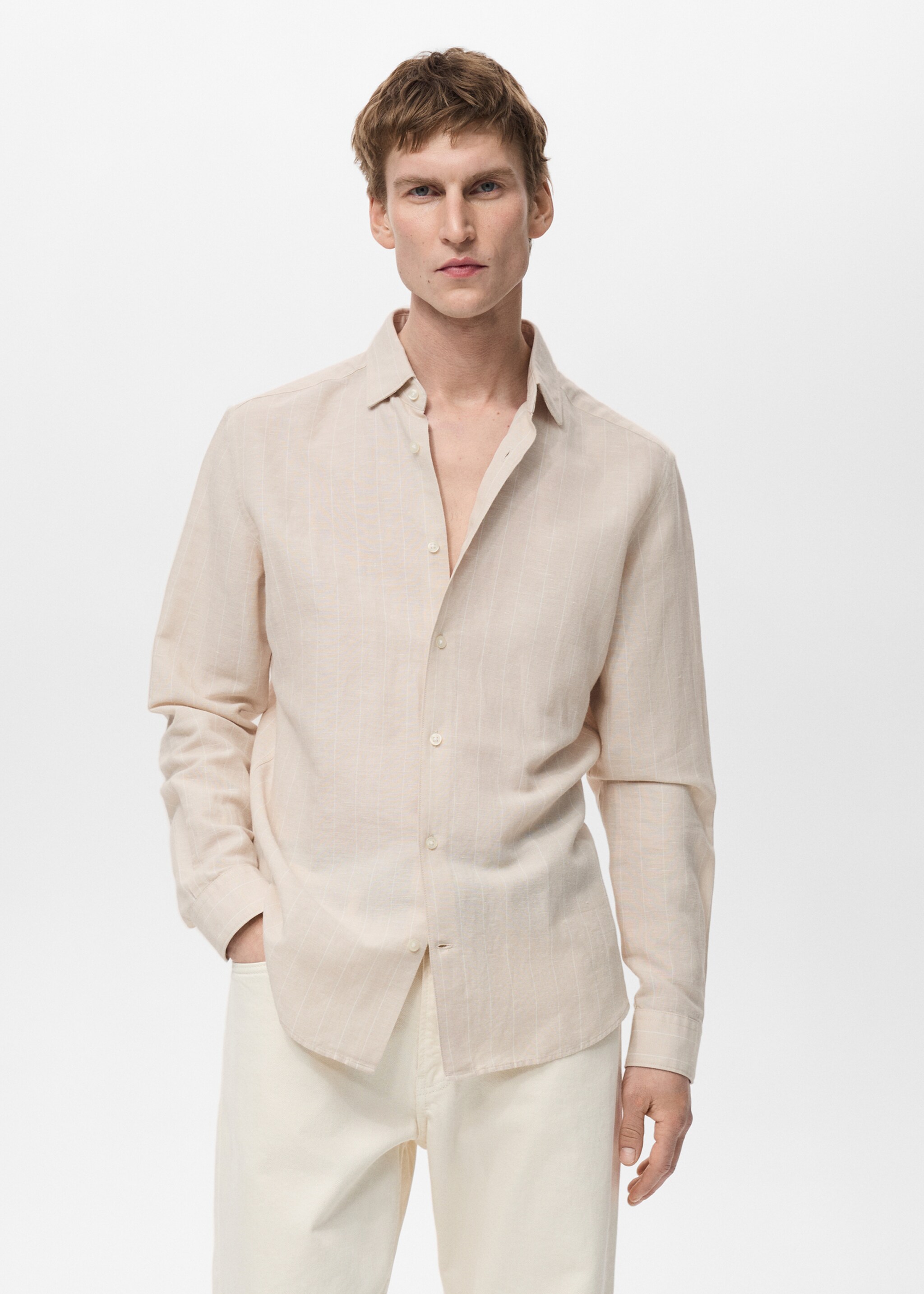 Chemise lin rayures tennis - Plan moyen, Beige. Ref: 87045951-00.