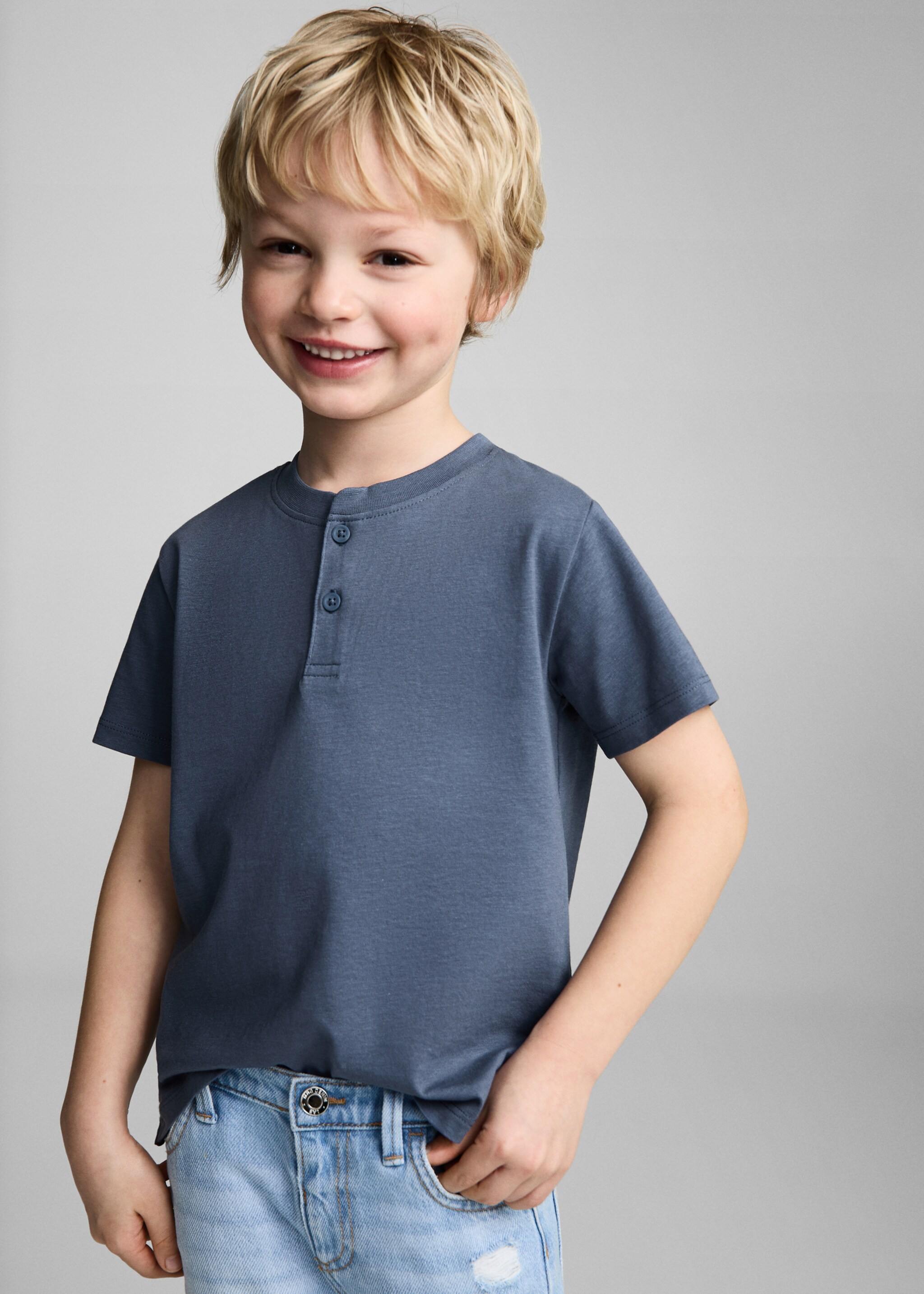 Katoenen T-shirt met knopen - Middenvlak, Blauw. Ref: 87046718-00.