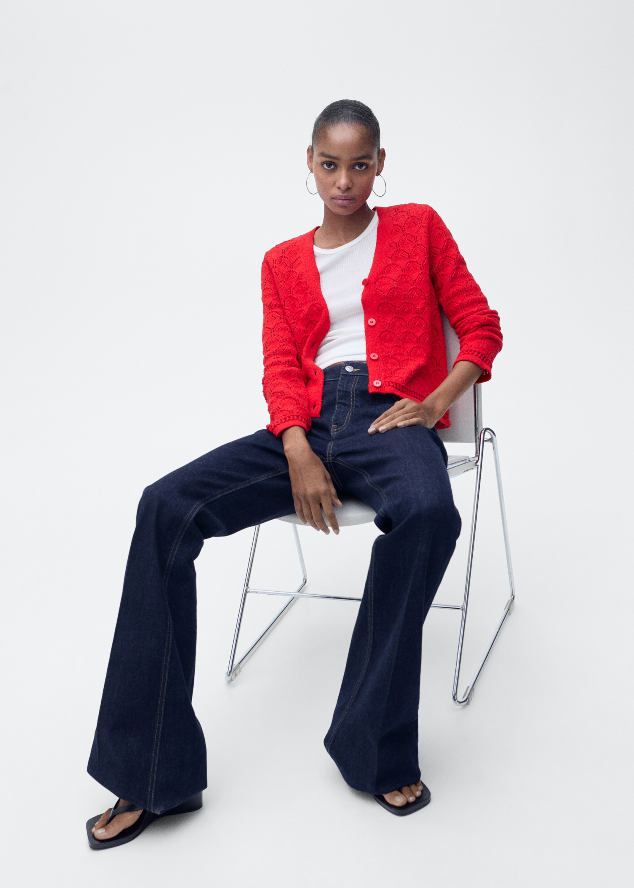 Openwork detail knit cardigan - Details of the article 2, Red. Ref: 87047182-00.