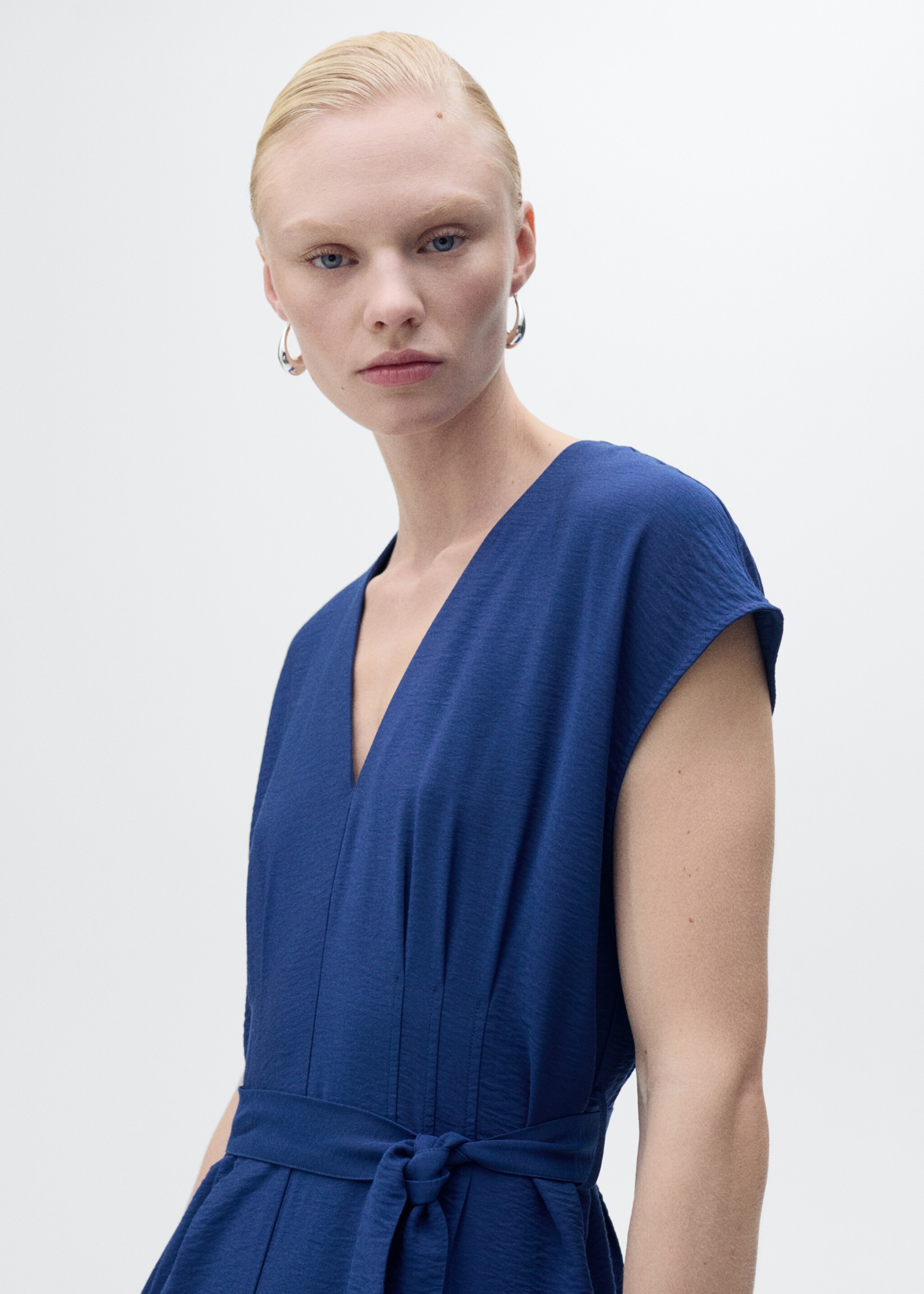 Printed long jumpsuit with belt - Details of the article 1, Ink Blue. Ref: 87047184-00.