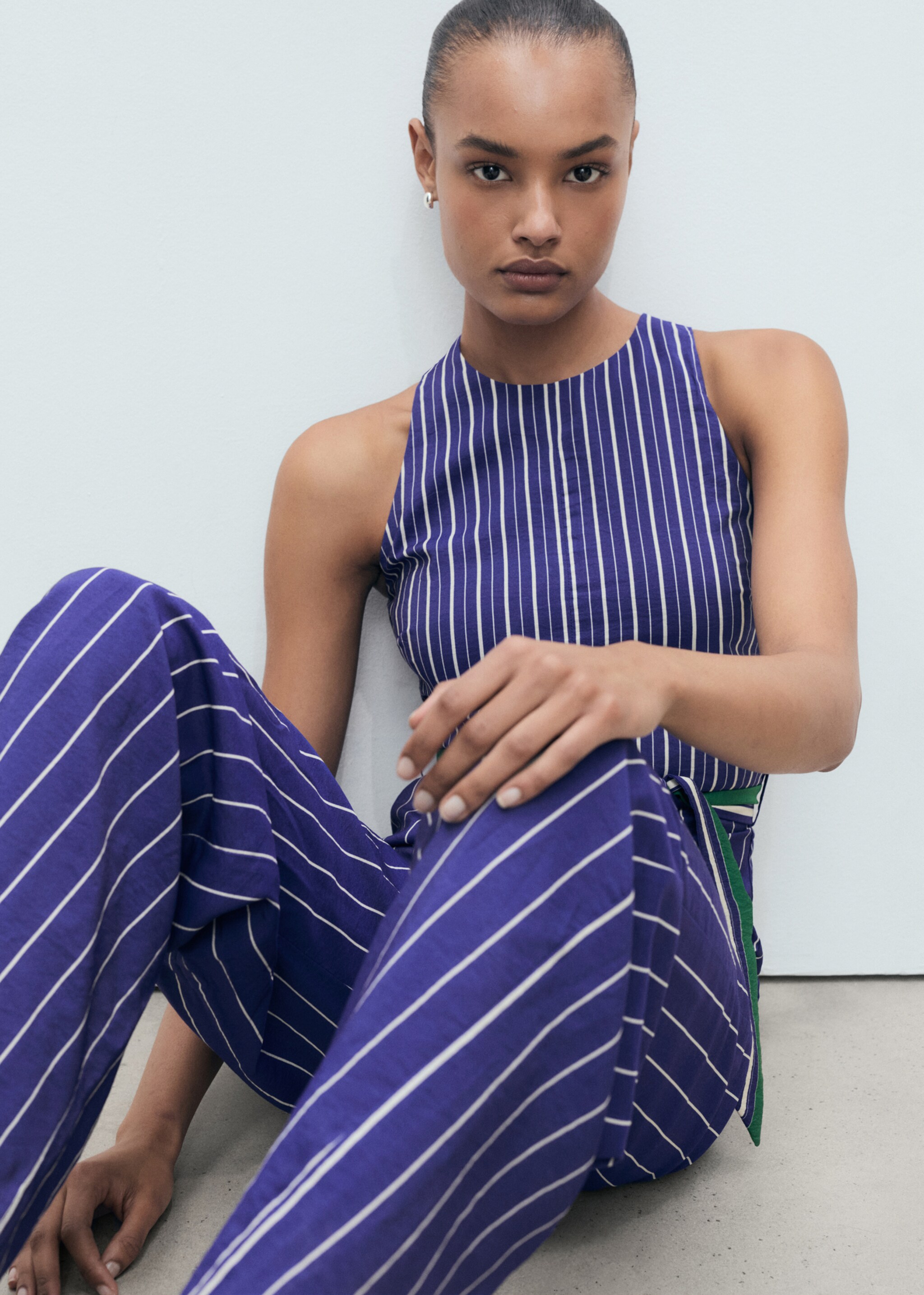 Striped jumpsuit with belt - Details of the article 2, Blue. Ref: 87047194-00.