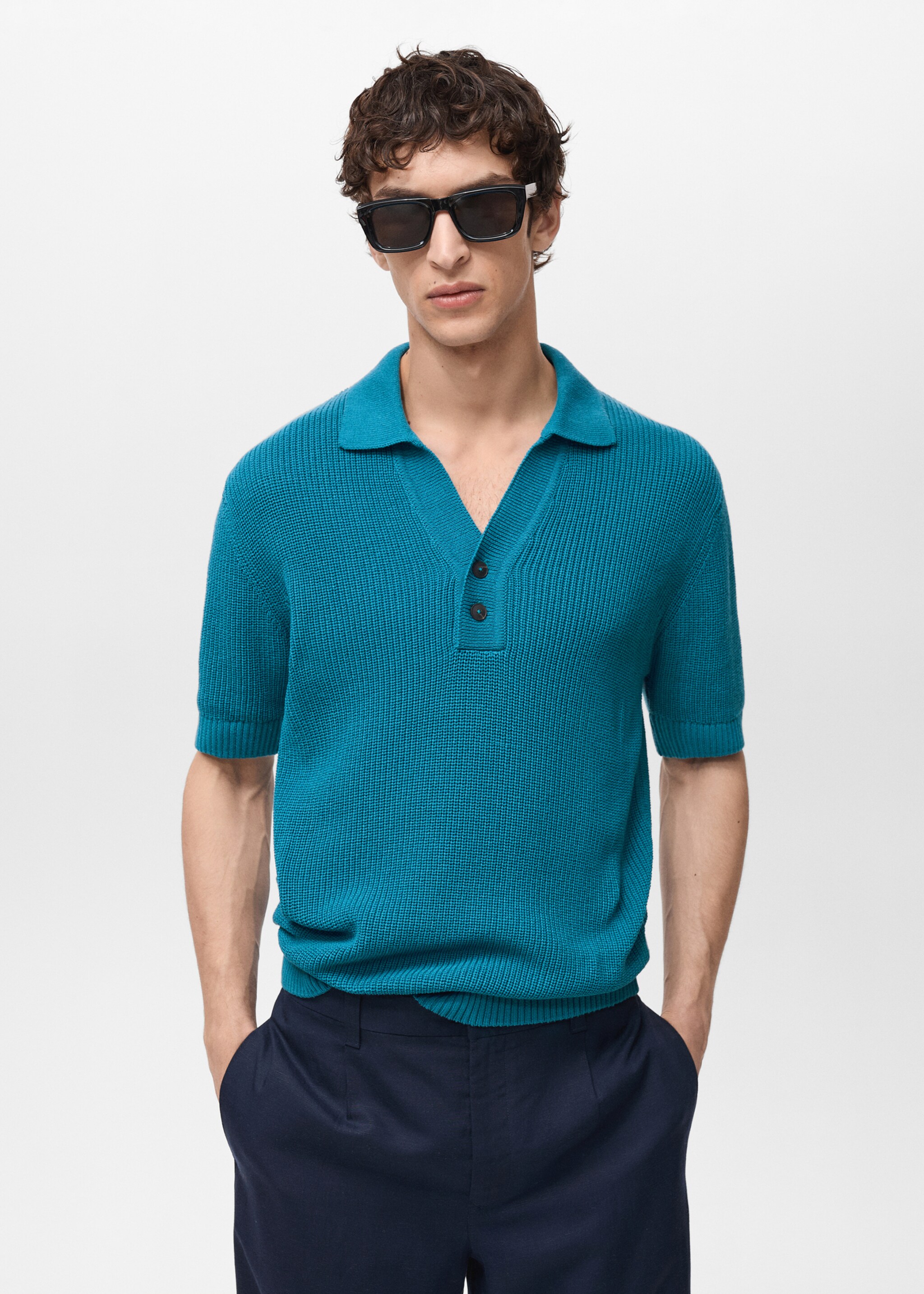 Pearl-knit polo shirt - Medium plane, Turquoise. Ref: 87047898-00.