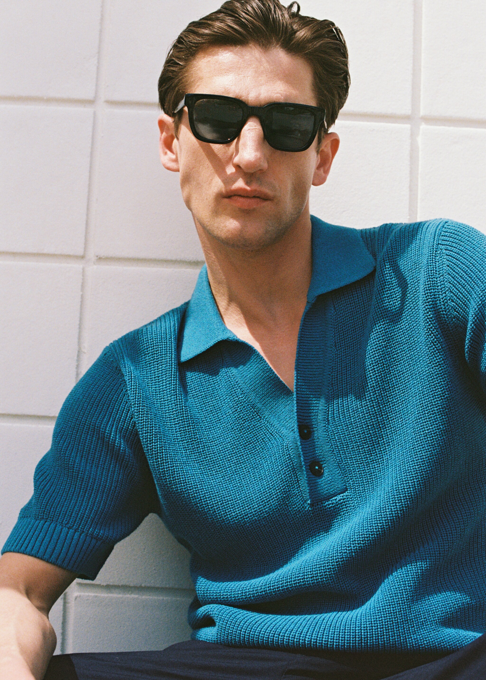 Pearl-knit polo shirt - Details of the article 3, Turquoise. Ref: 87047898-00.