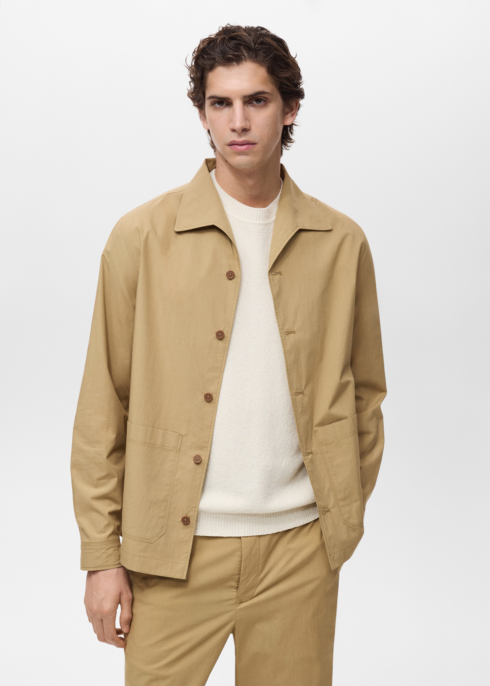 Cotton overshirt with pocket - Medium plane, Beige. Ref: 87049204-00.