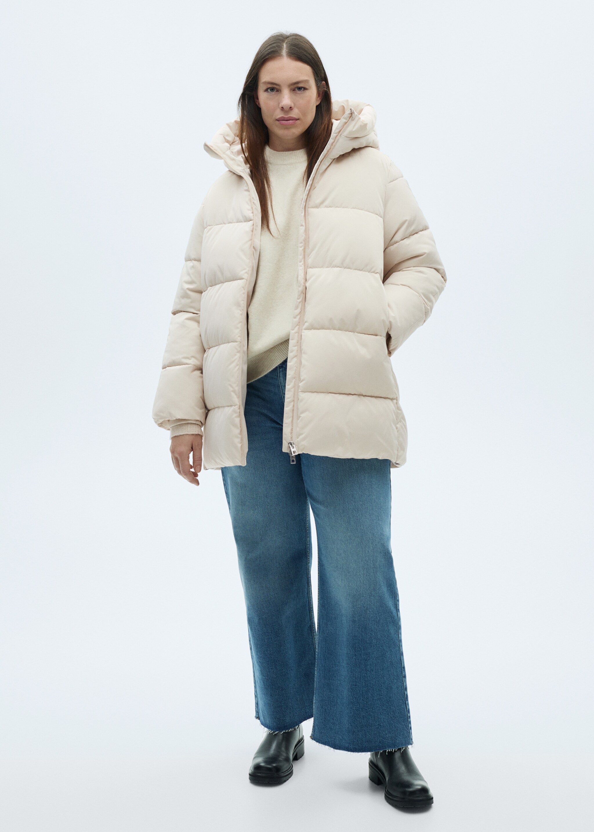 Midi quilted anorak with hood - Details of the article 3, Ecru. Ref: 87050306-00.