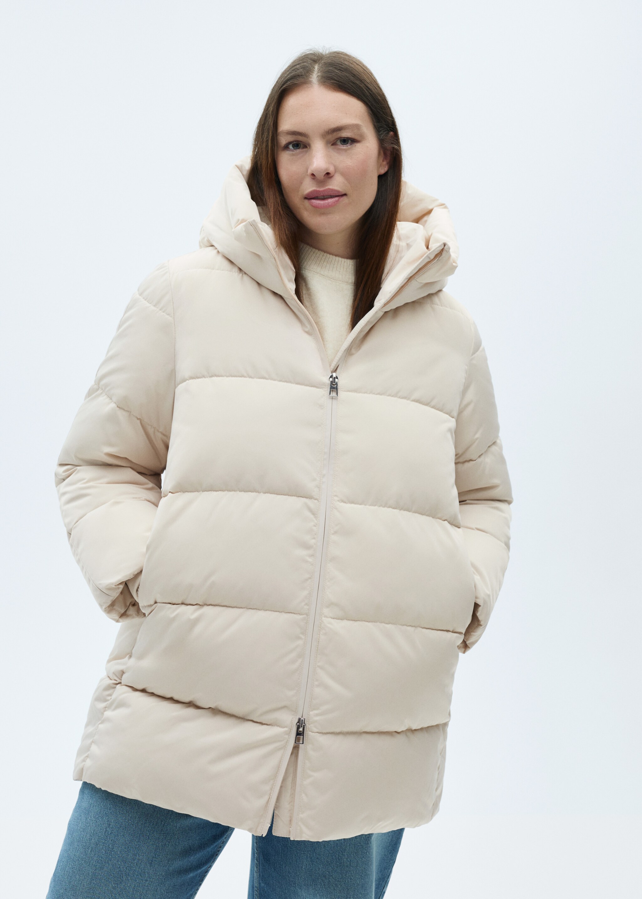 Midi quilted anorak with hood - Details of the article 5, Ecru. Ref: 87050306-00.