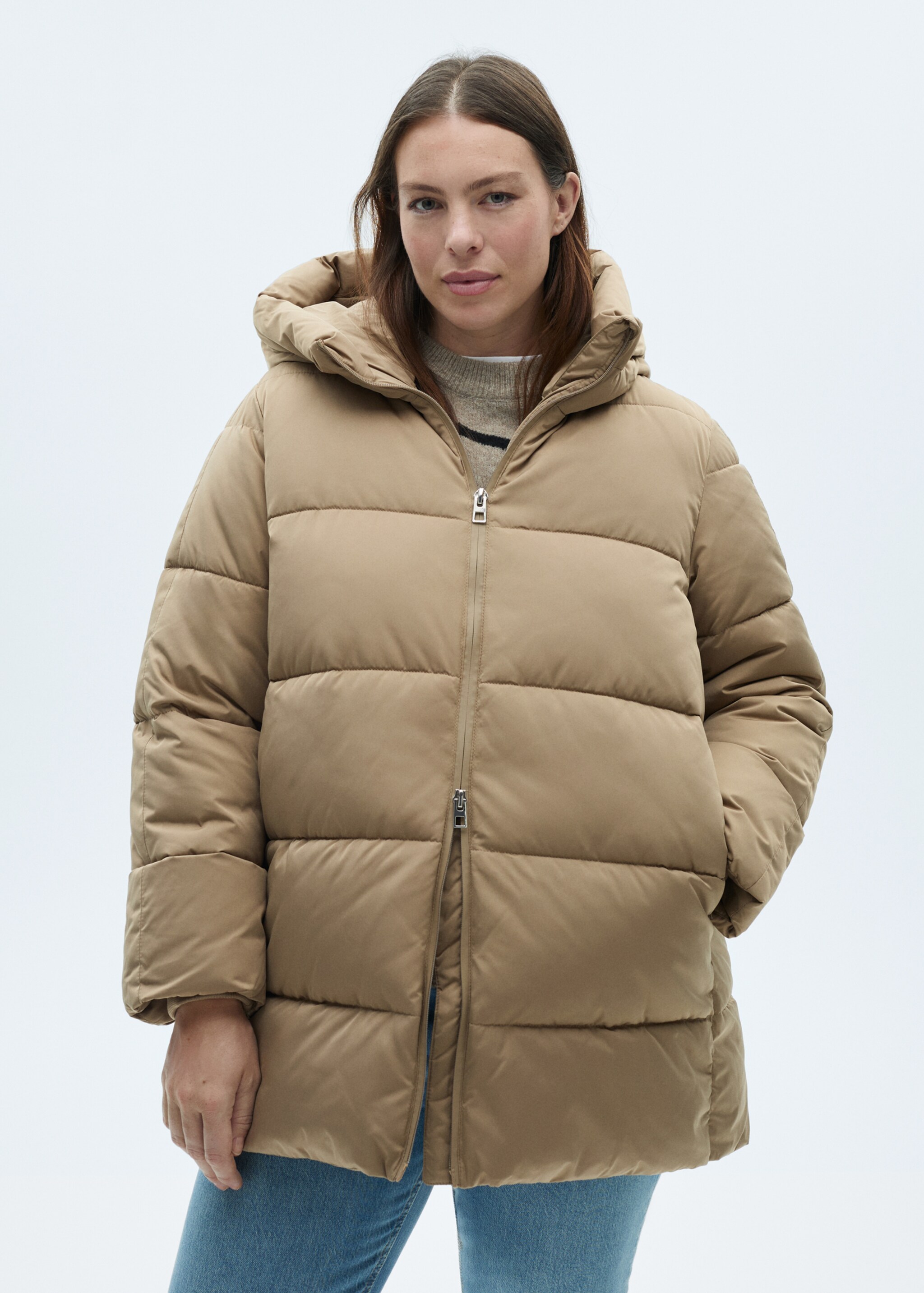 Midi quilted anorak with hood - Details of the article 5, Beige. Ref: 87050306-00.