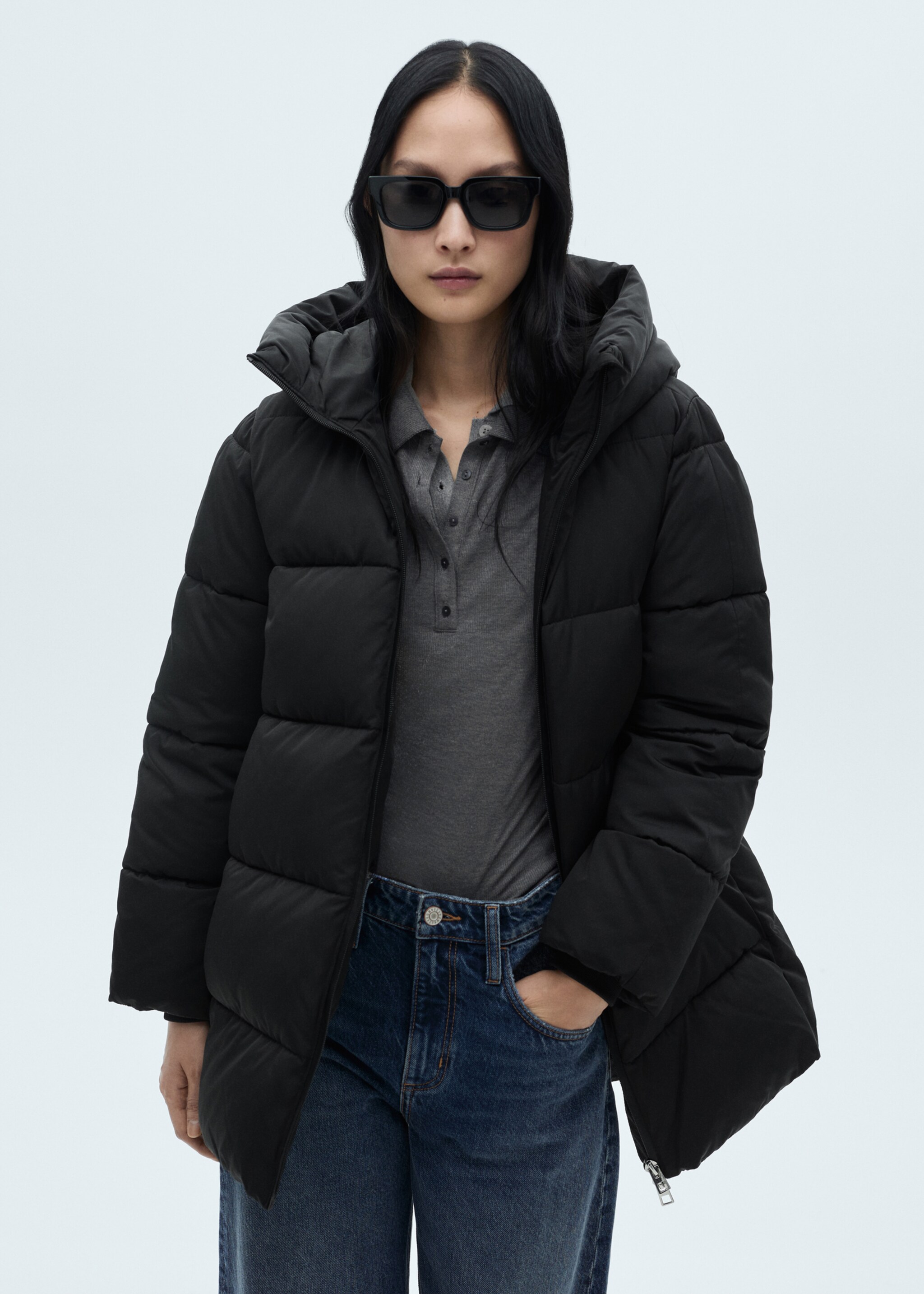 Midi quilted anorak with hood - Medium plane, Black. Ref: 87050306-00.