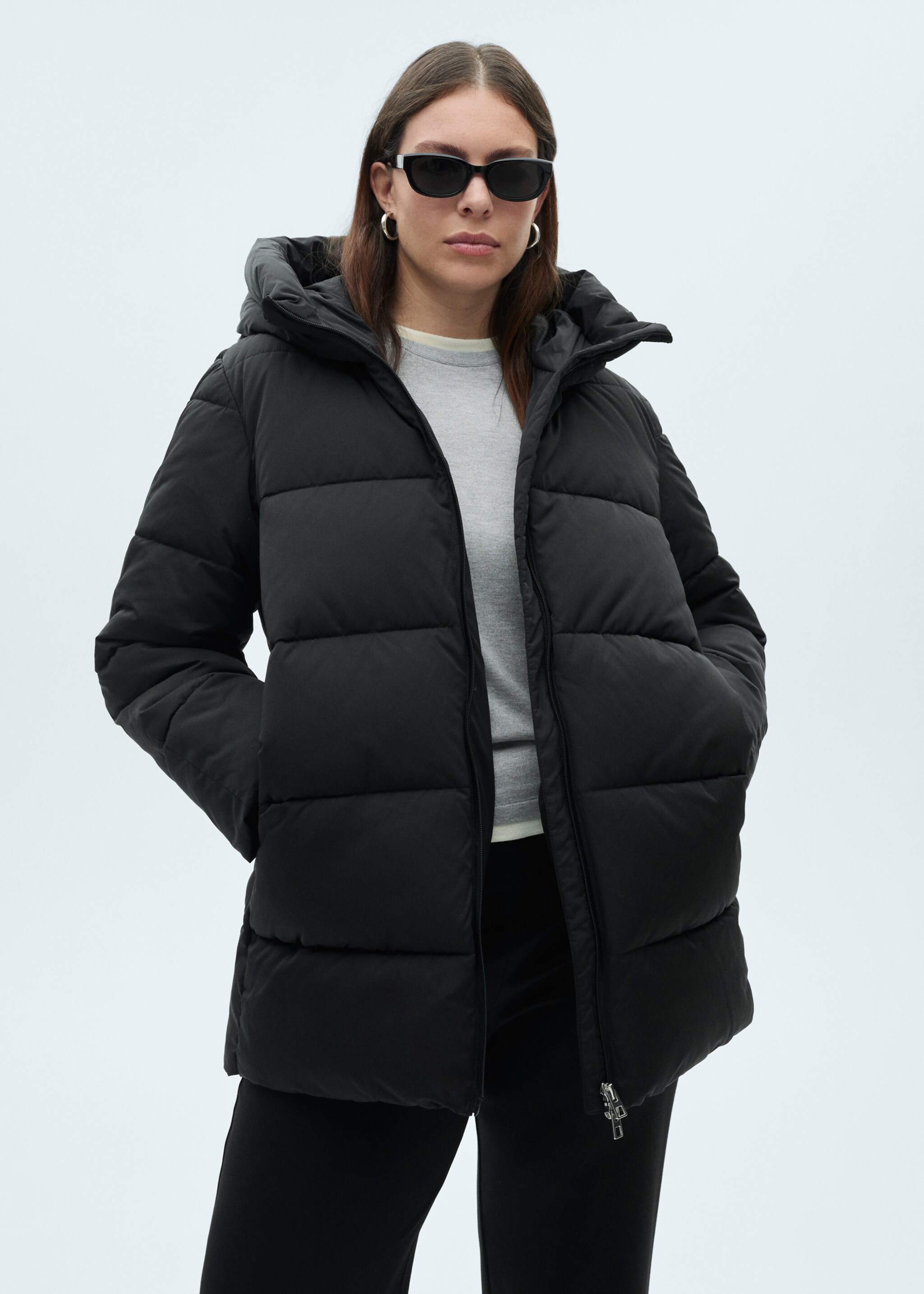 Midi quilted anorak with hood - Details of the article 5, Black. Ref: 87050306-00.